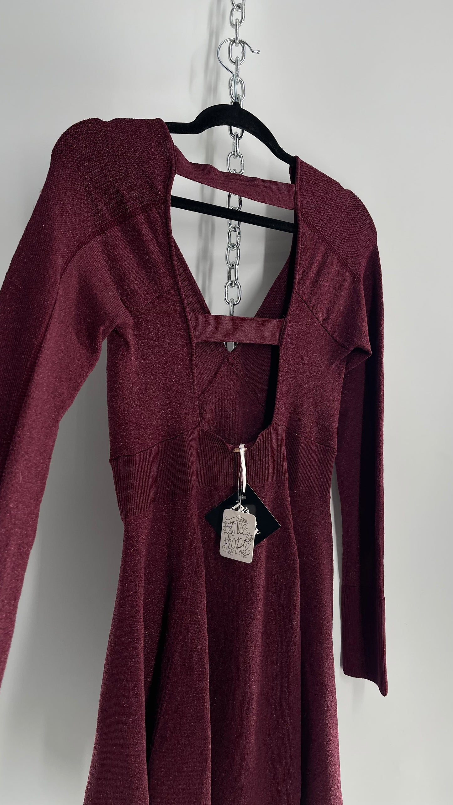 Free People Plum Tinsel Sparkle Long Sleeve Knit Mini Dress (Small)