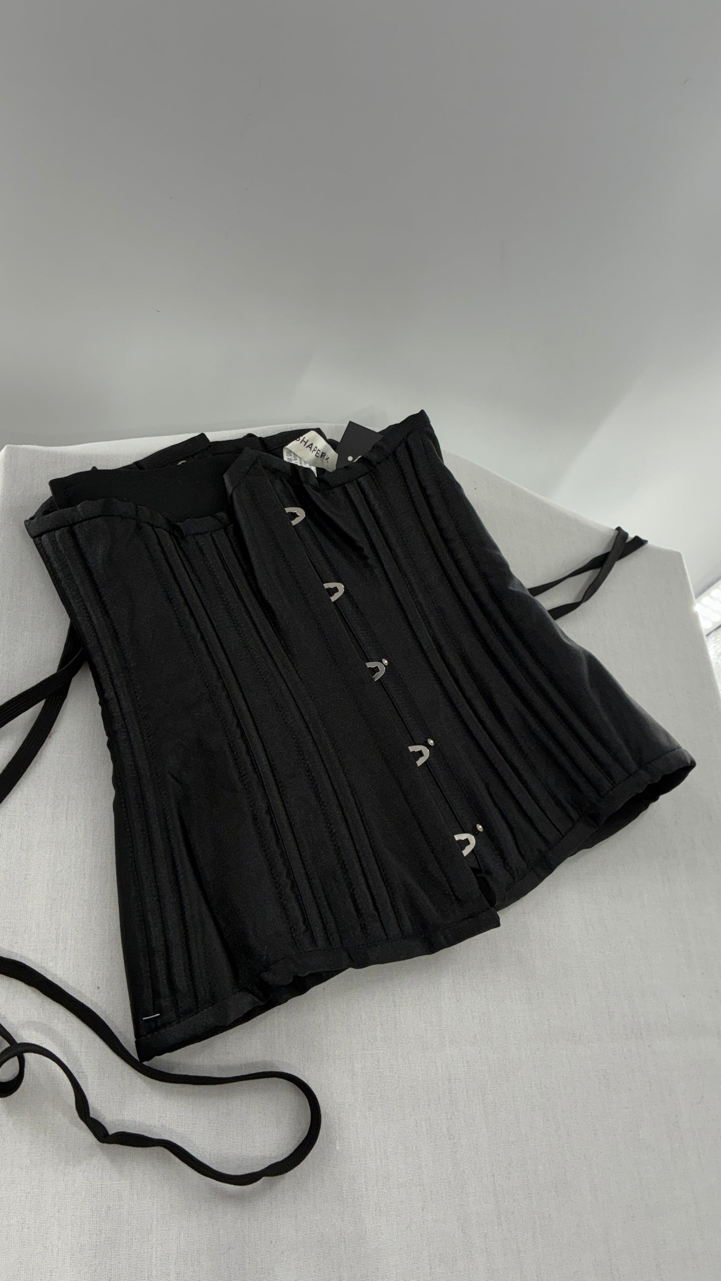 Vintage SHAPERX Black Satin Heavy Duty Ribbed Corset (XS)