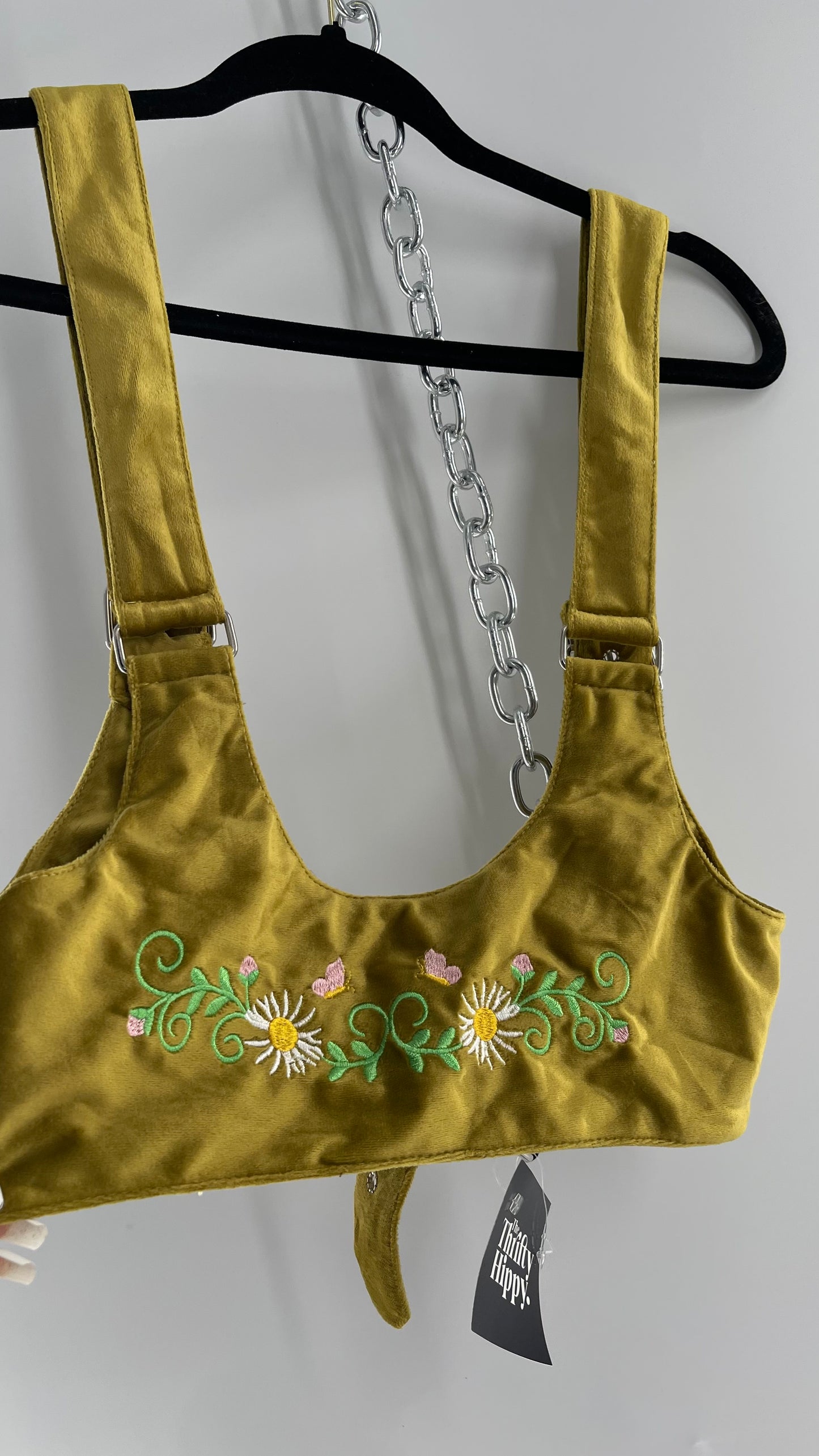 Urban Outfitters Greenish Gold Velour Body Harness with Embroidered Daisies and Butterflies (Large)