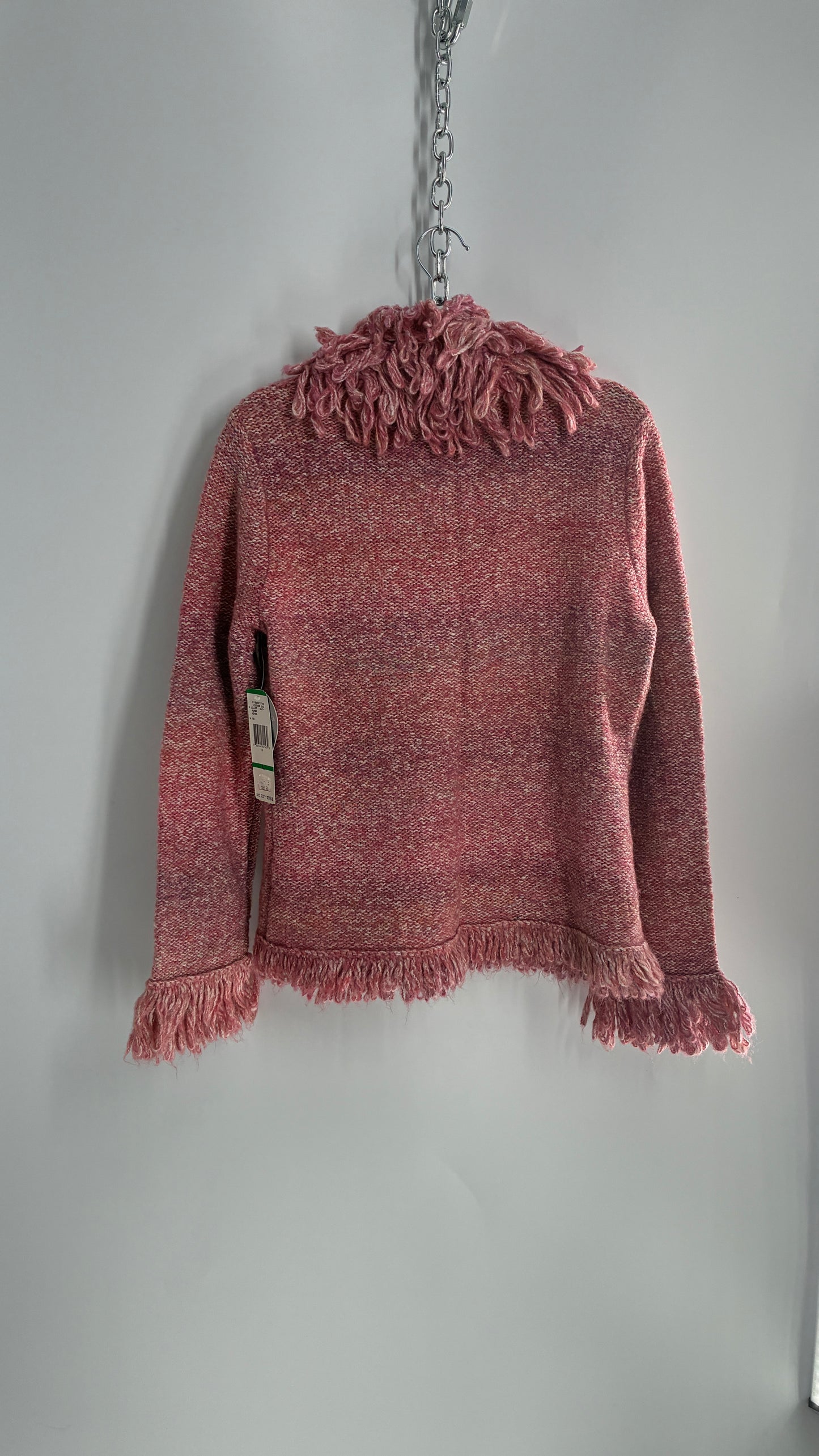 Nine West Pink Knit Cardigan Jacket with Exaggerated Fringe Collar and Cuffs (Large)