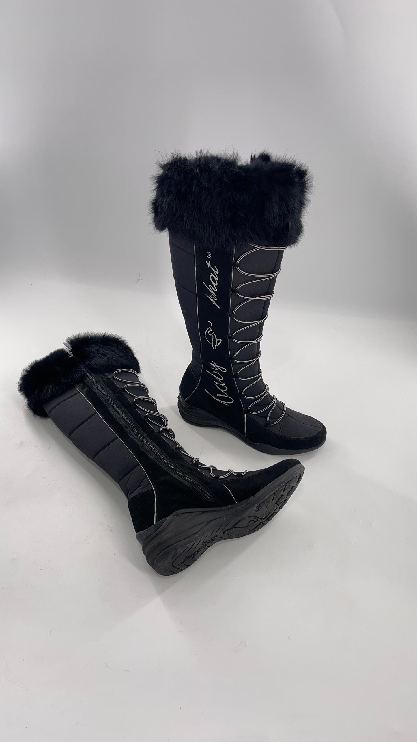 Baby Phat Black Knee High Boots with Rabbit Fur Trim, Bungee Cord Ties, and Embroidered Logo Design (8)