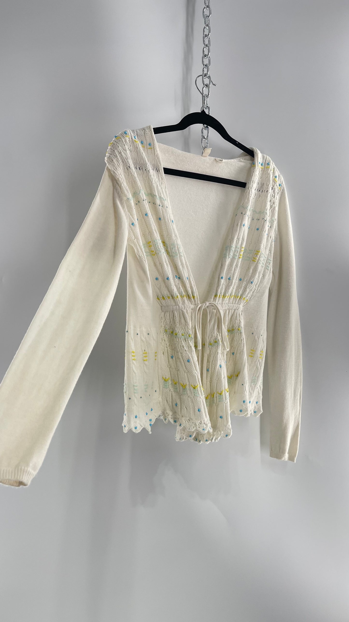 MOTH Anthropologie Beige Knit Tie Bust Sweater with Embroidered Daisies and Delicate Beading (Small)