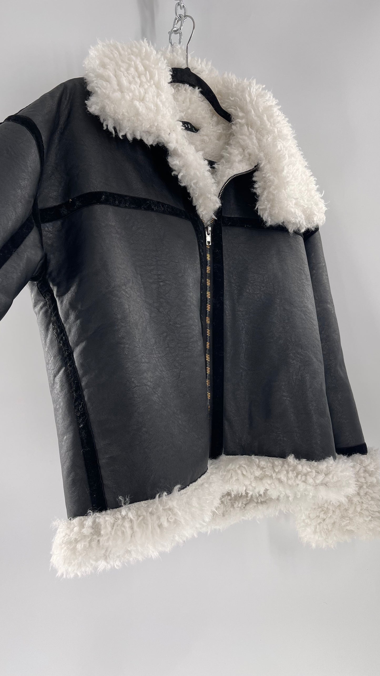 LIONESS Phoenix Jacket Black Faux Leather White Fur Trim (Large)