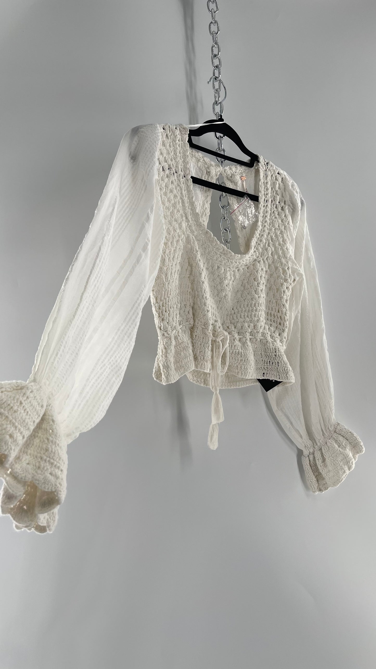 Free People White Megan Blouse with Crochet Knit Bodice and Open Back (XS)