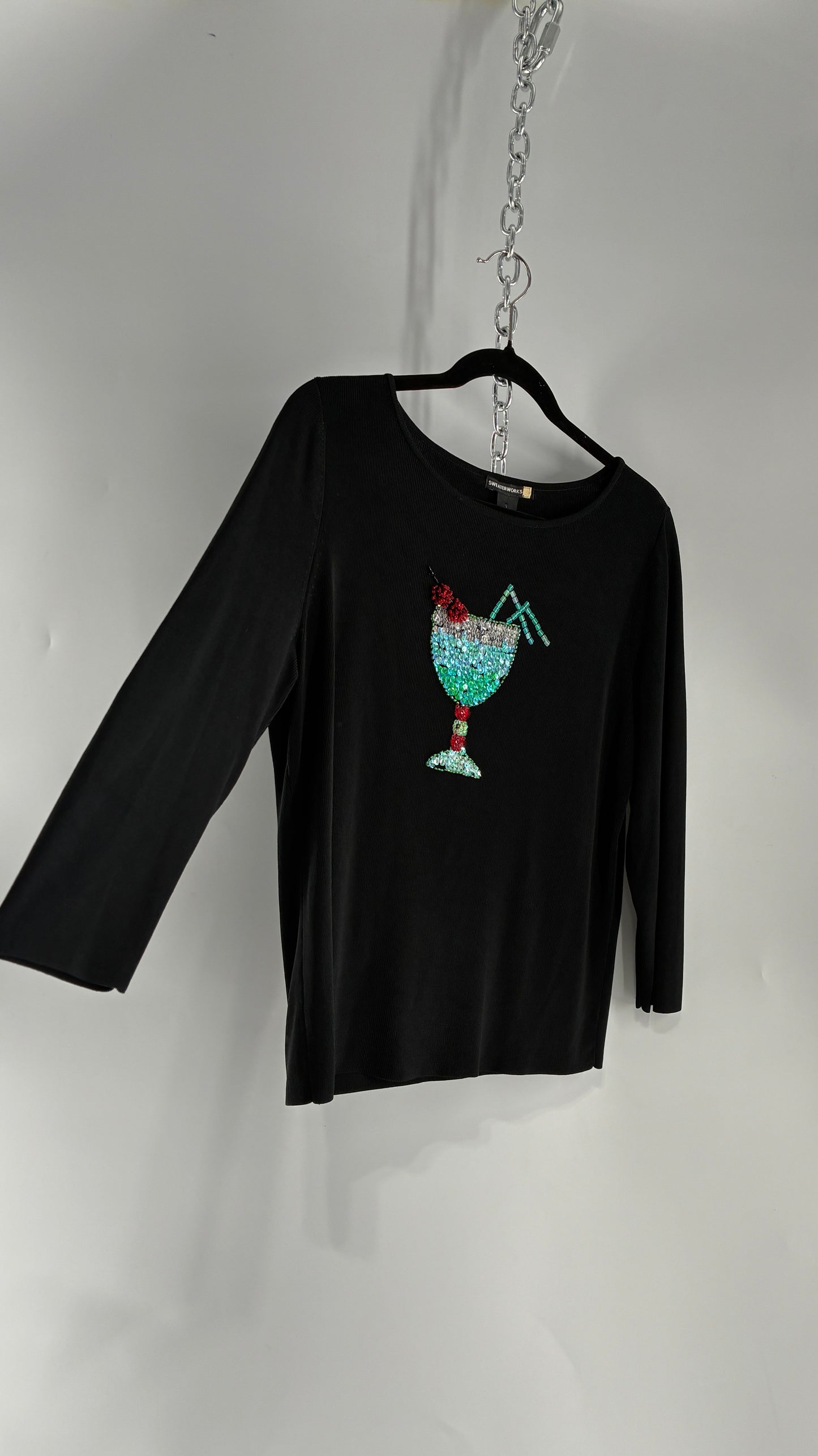 Vintage SWEATERWORKS Margarita Black Knit Top with Beaded and Embroidered Drink (Large)