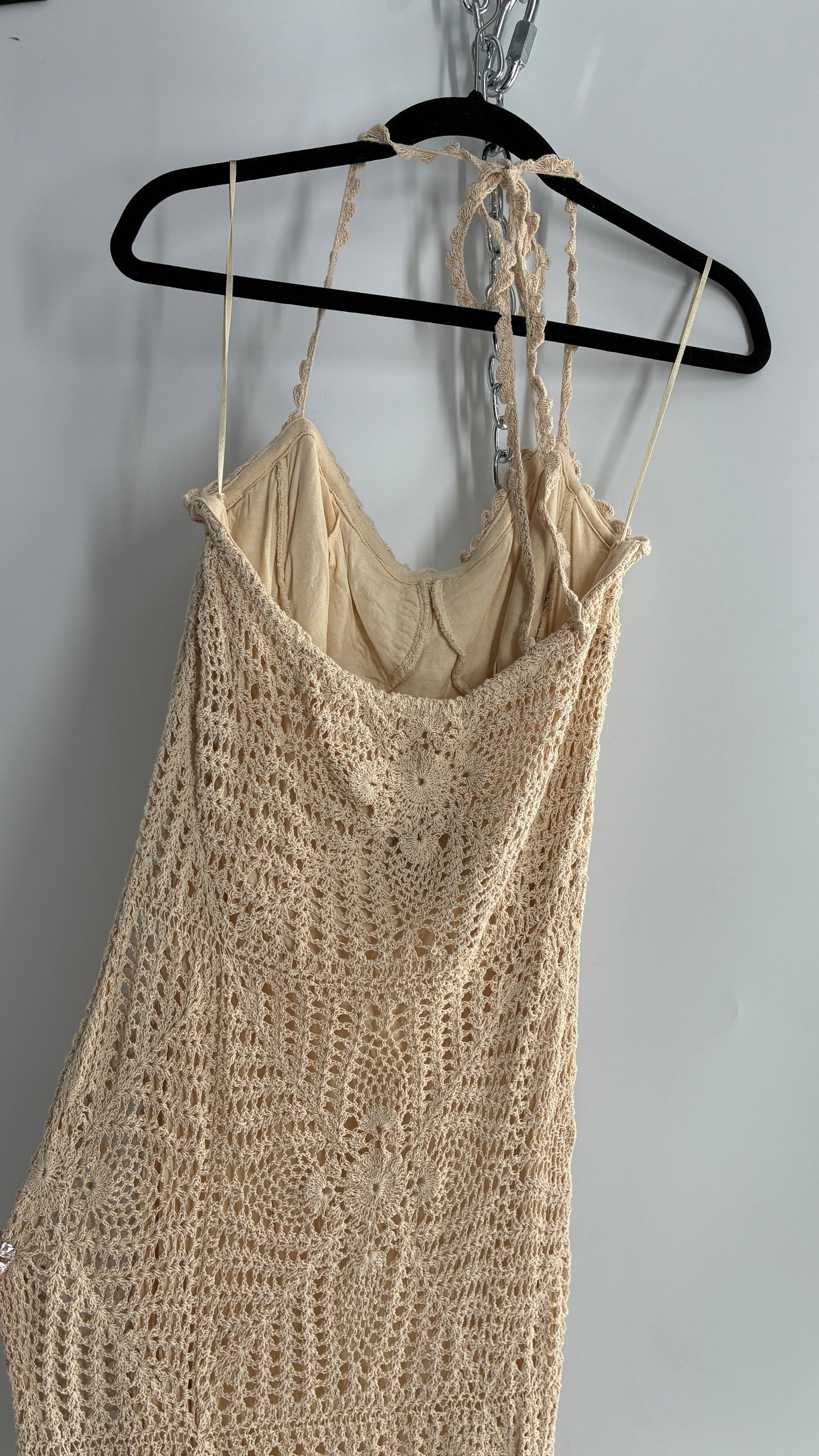 Free People Beige Crochet Knit Máxi Dress (Large)