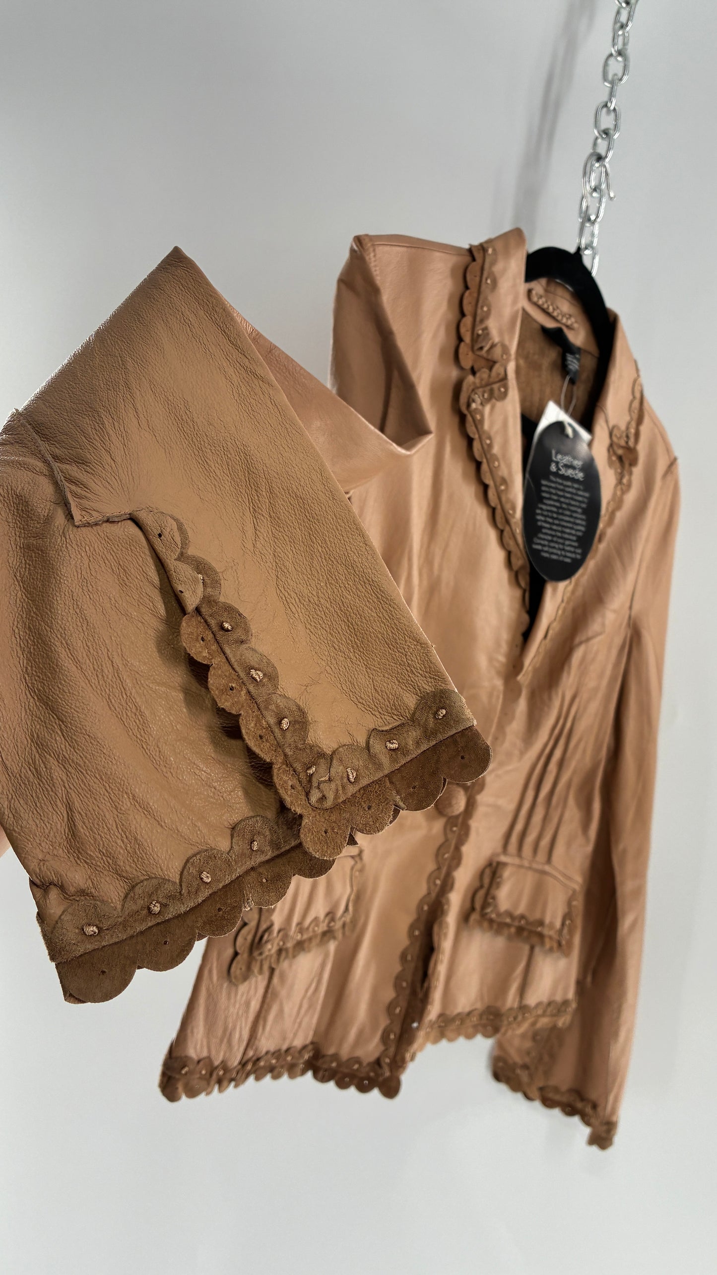 RARE Deadstock Vintage Cami Brown Thin Leather Jacket with Suede Scalloped Trim (12)