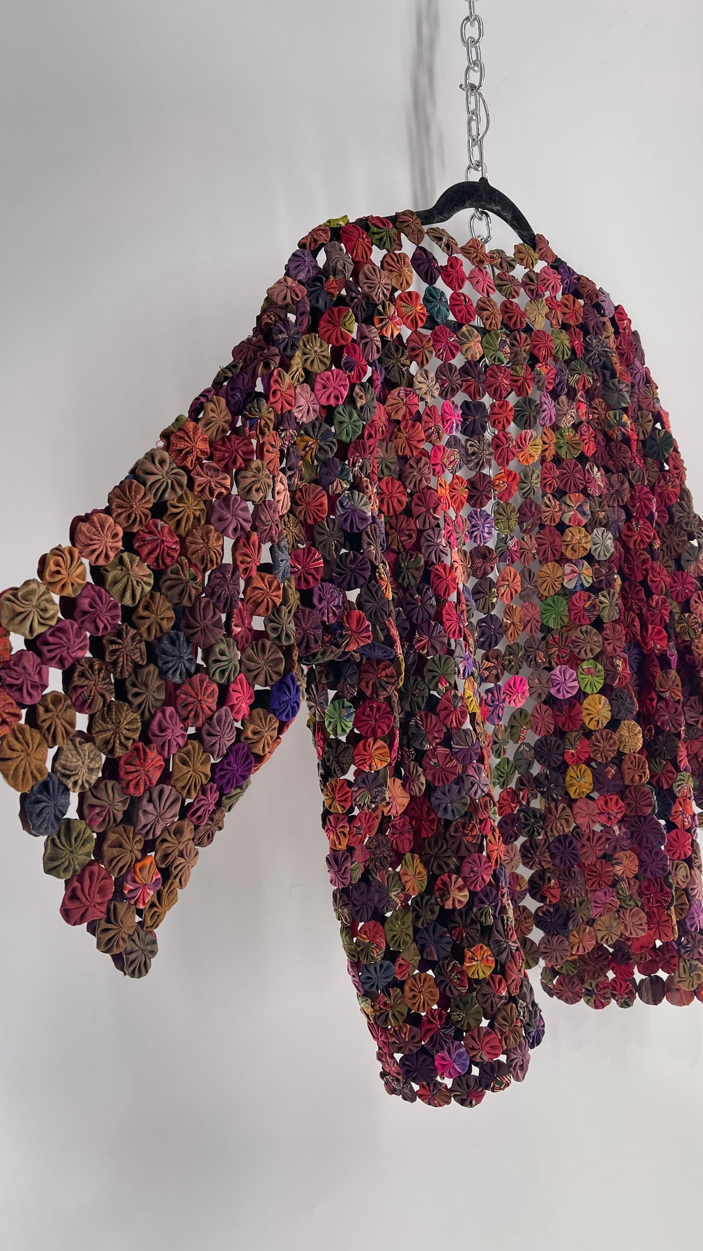 Vintage Handcrafted Multicolored Print Yo-Yo Quilt Kimono Sleeve Jacket, 1970s Thai 100% Silk