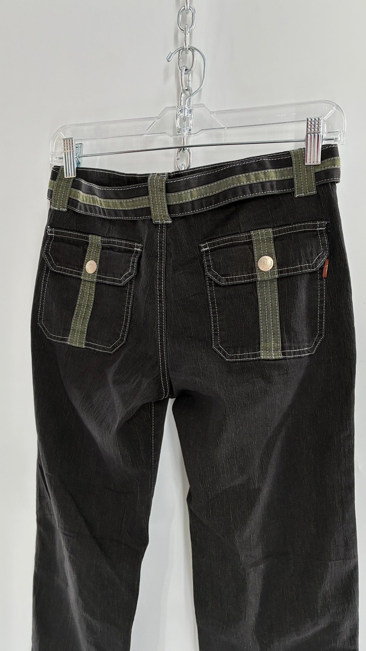 Vintage PALMY NOBLE Dark Wash Low Rise Denim with Green Details and Built in Belt (7/8)