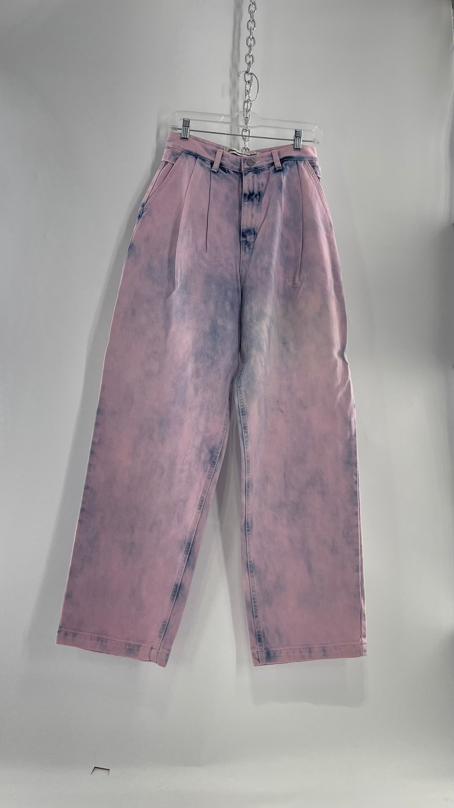 The Open Product Pink/Blue Acid Wash Jeans with Waist Pulls and Pleats (1)