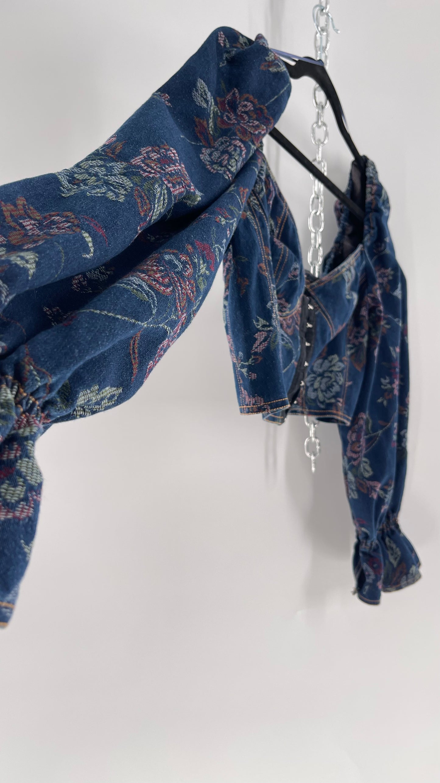 Urban Outfitters Denim Cropped Corset Grommet Balloon Sleeve Blouse (Large)