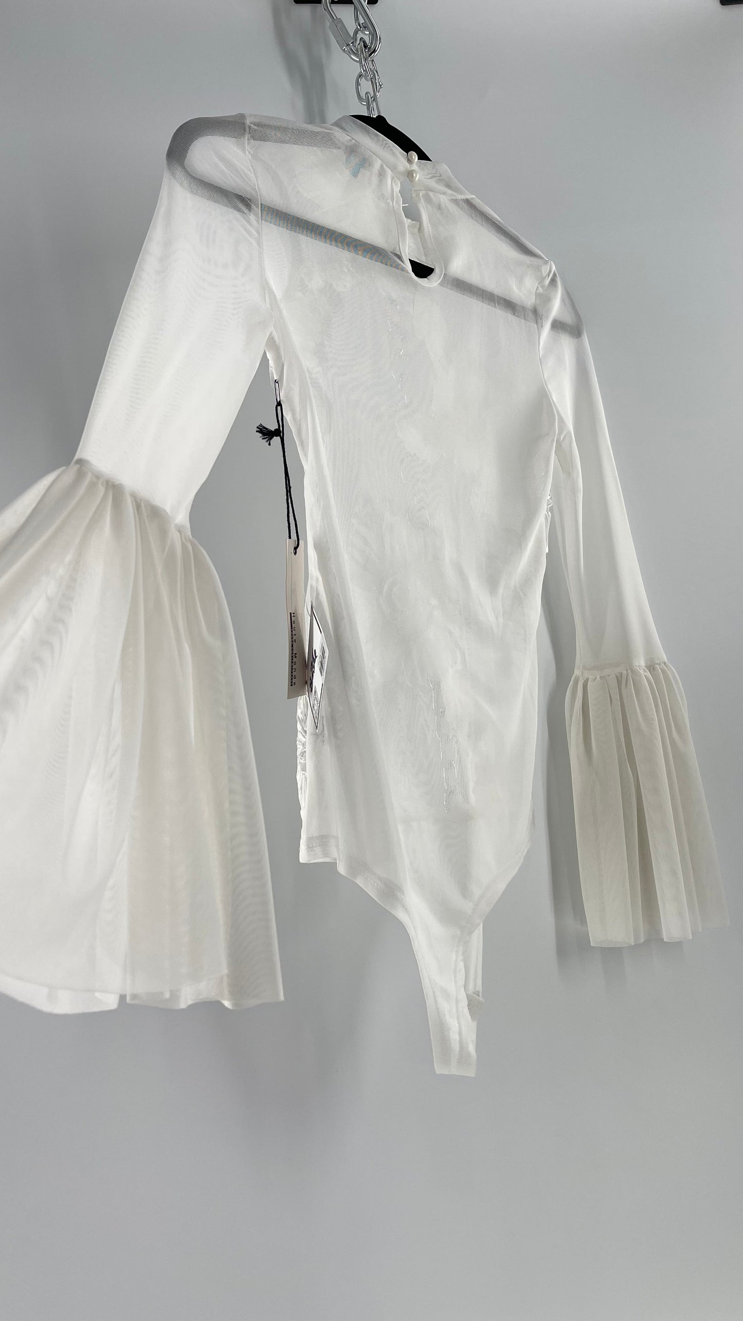 Haute Monde White Mesh Bodysuit with Ribbon Embroidery, Bell Sleeves and Tags (Small)