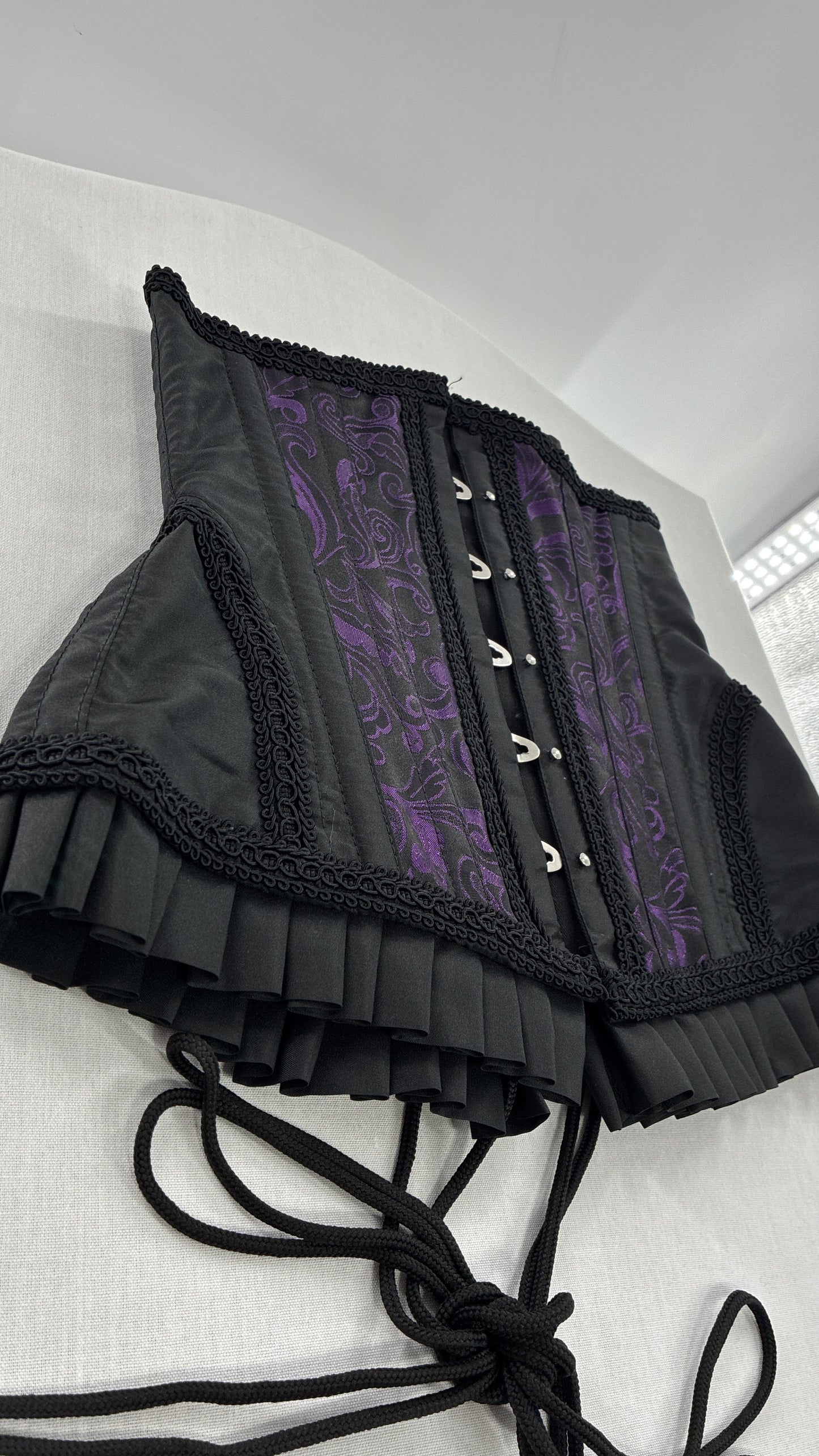 Vintage Black and Purple Brocade Corset with Pleated, Ruffled Hem (Sz 22)