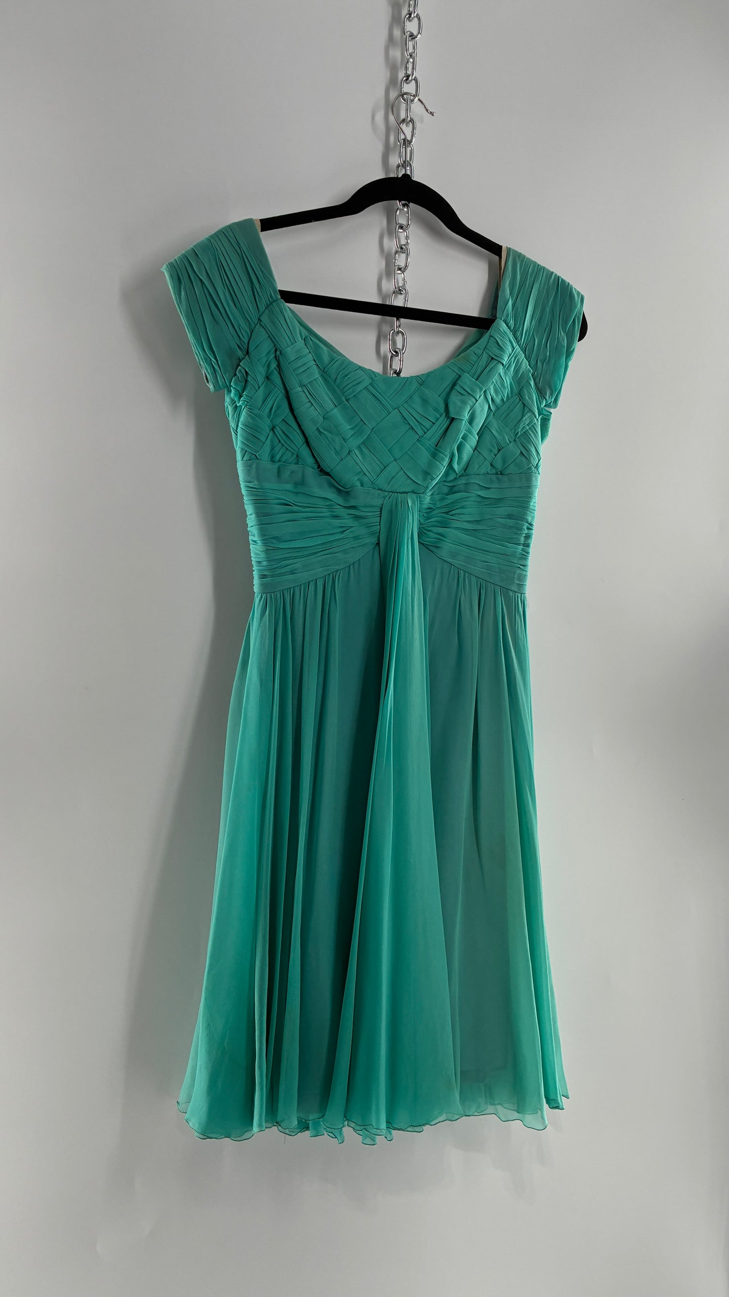 Vintage Teal Handmade Mini Dress with Pleated Basket Woven Bust (XS)