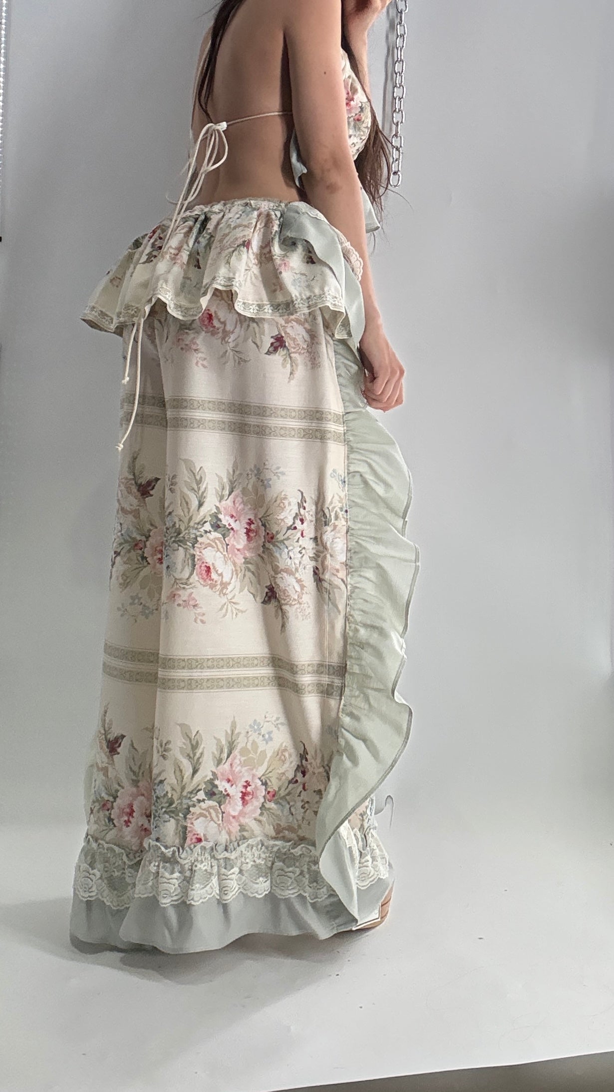 Handmade Vintage Muted Florals Two Piece Set with Adjustable Waist and Bust Lines (XS-XL)