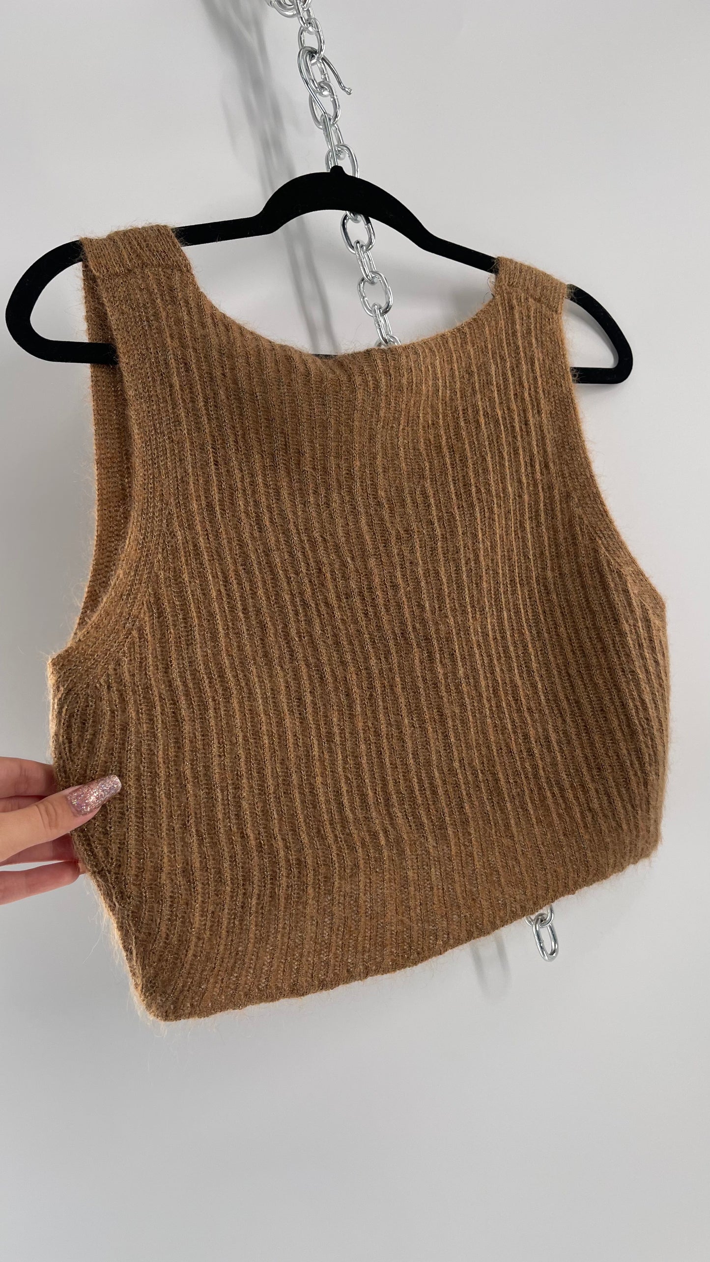 Vintage Anne Klein 42% Mohair Tan Knit Tank with Gold Tinsel (Large)