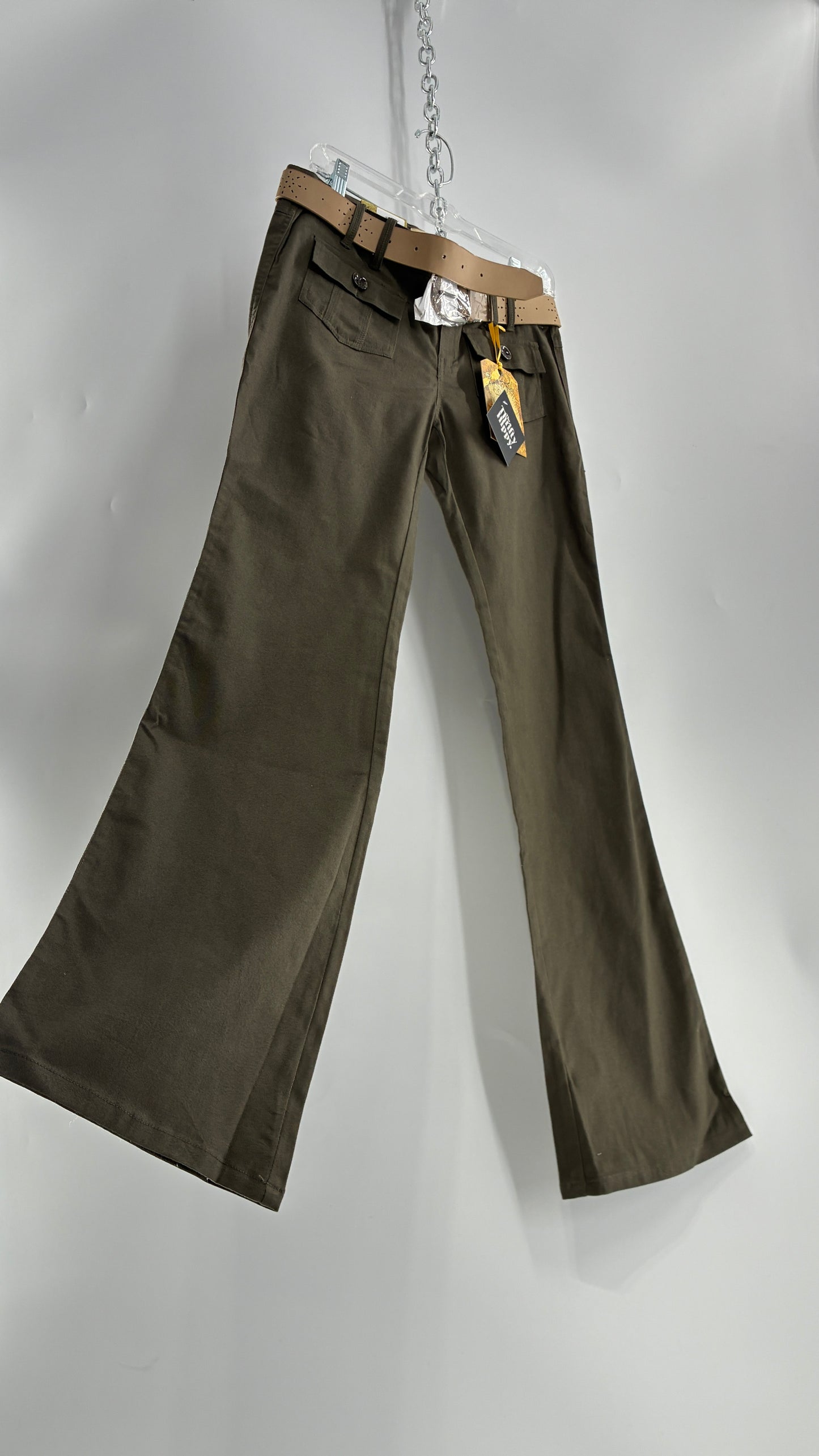 Deadstock Vintage MOKACHINO Olive Green Low Rise Kickflares with Hip/Bum Pockets and Built in Belt (7)