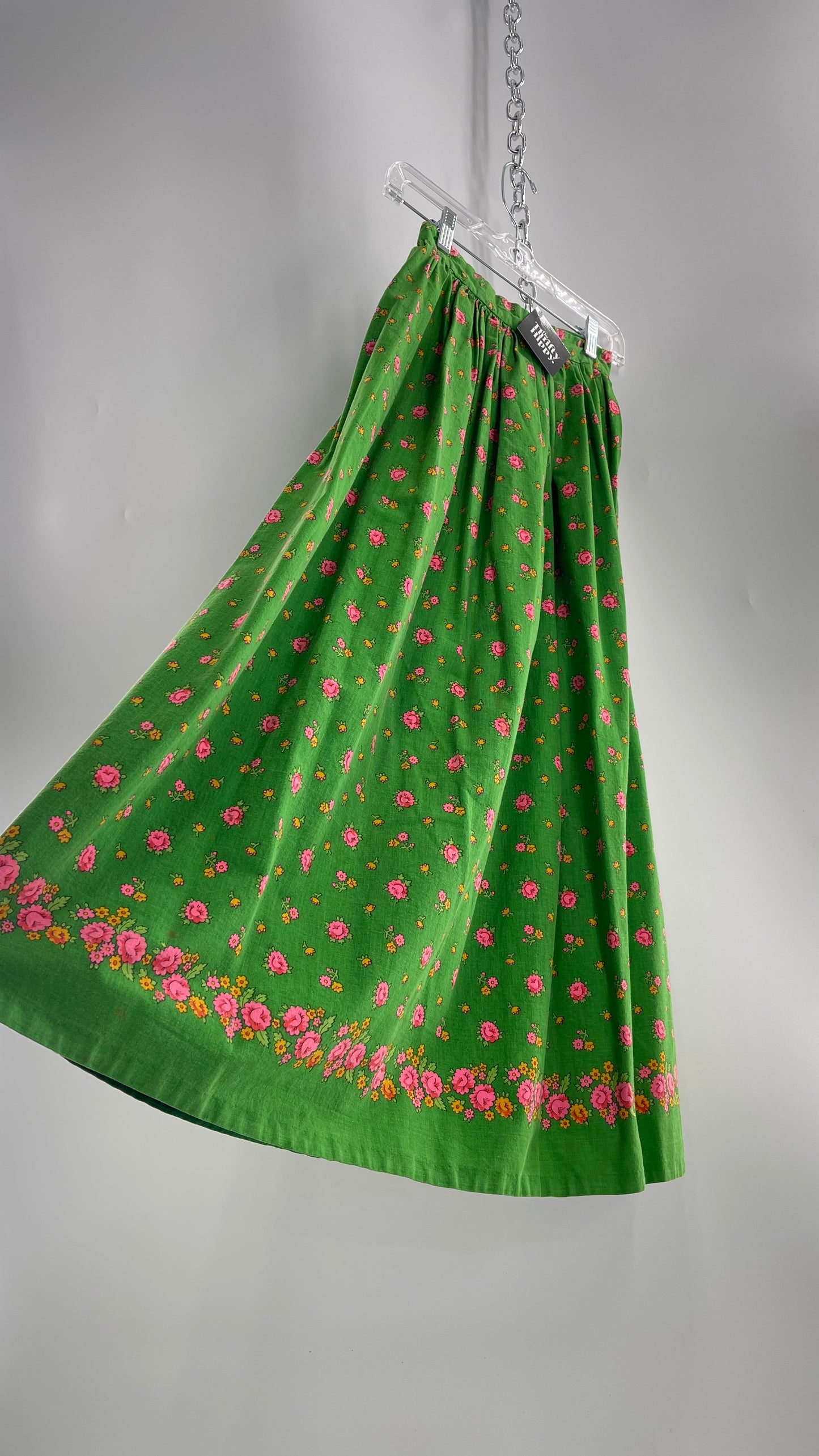 Vintage Imported Cotton Kelly Green Skirt with Pink Roses (XS)