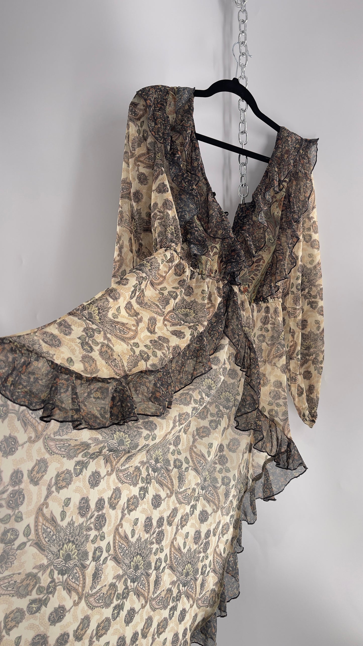 Free People Let Me Be Paisley Dual Toned High Low Sweeping Cape with Ruffled Bust and Hemline with Tags Attached (Small)