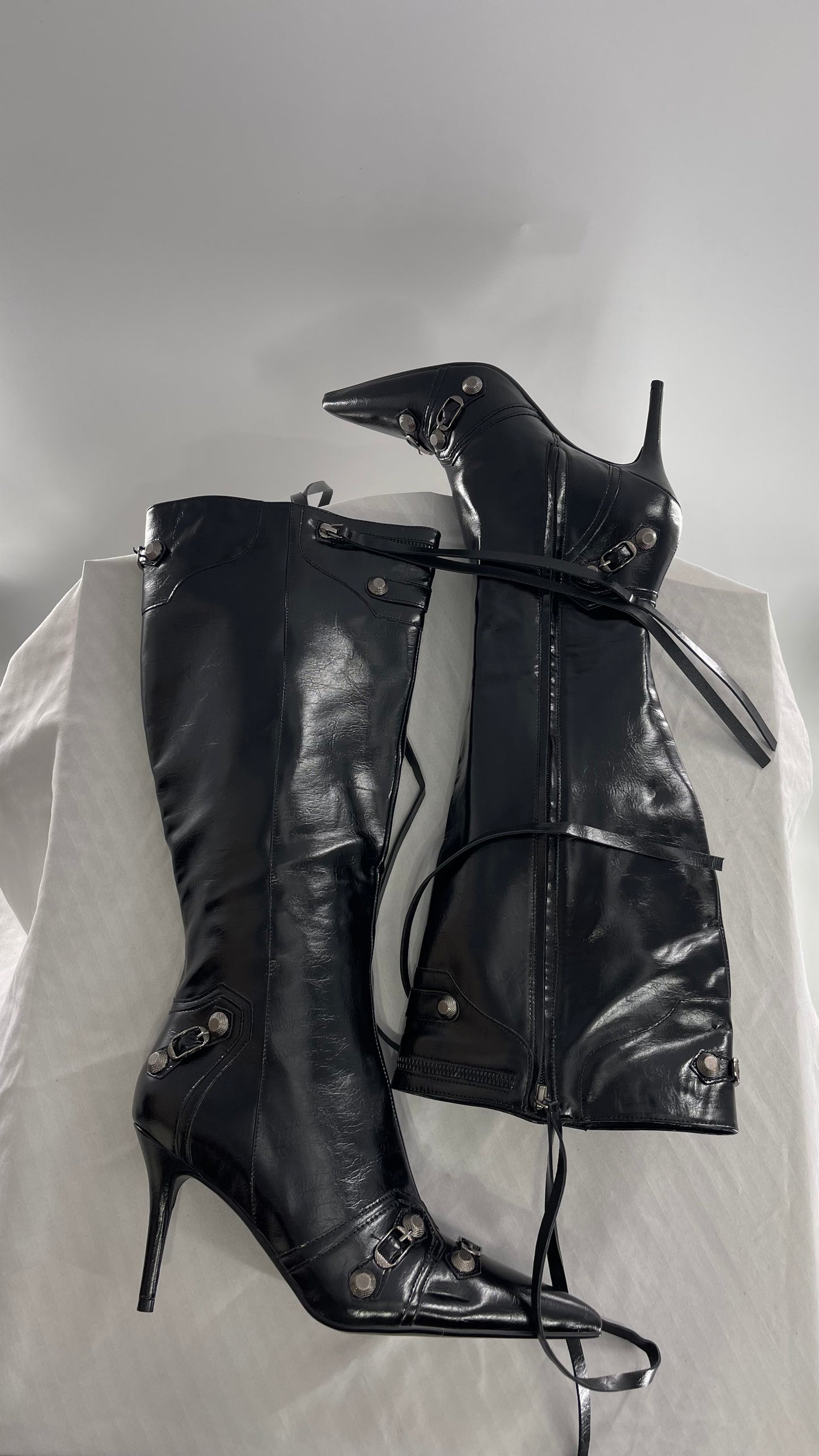 Black Pointed Toe Strappy Heeled Knee High Boots with Metal Hardware Details (10)