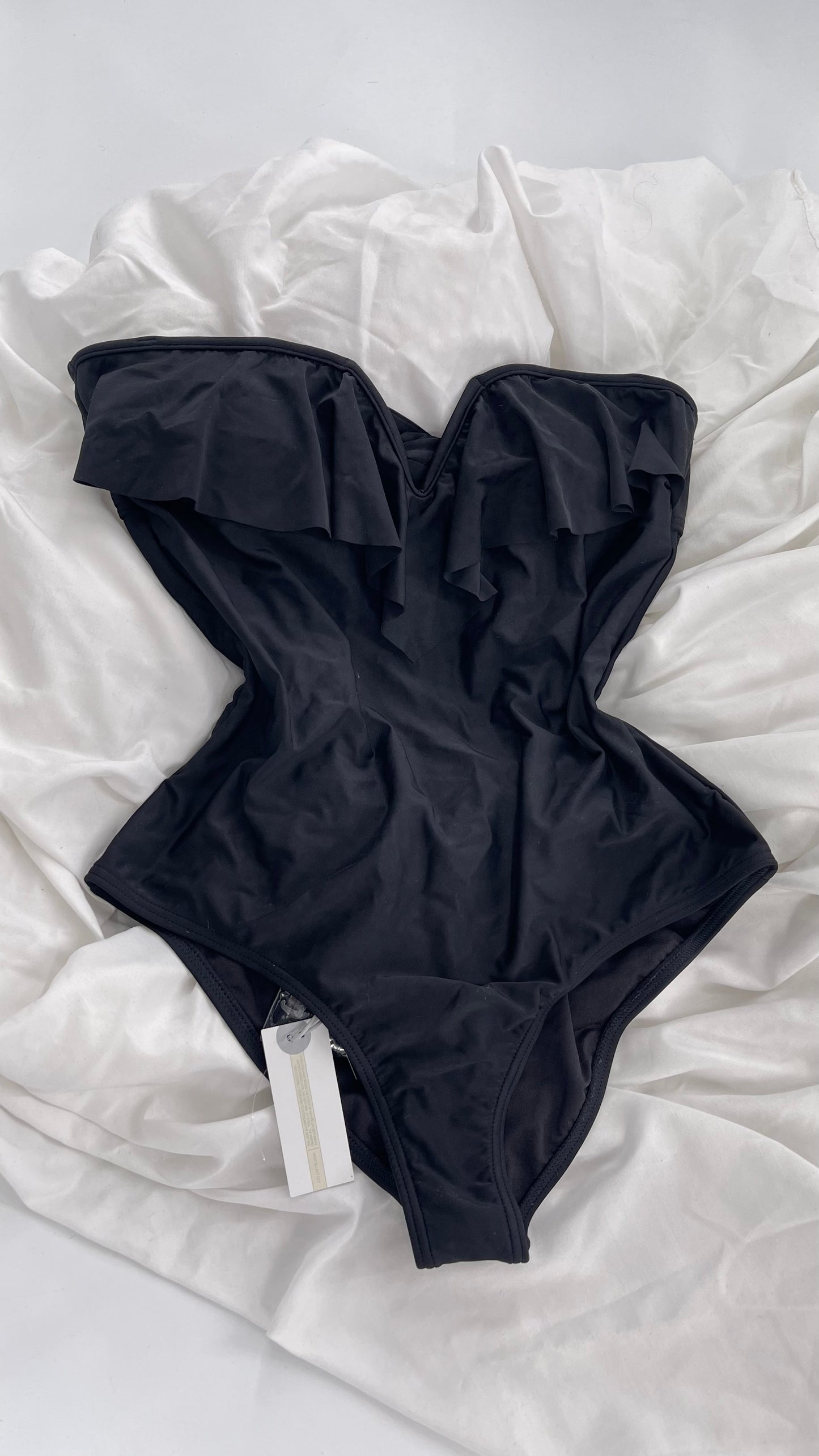 O’Neill Black Swimsuit with Built in Bra with Ruffled Bust, Open Back, Straps and Tags Attached (Large)