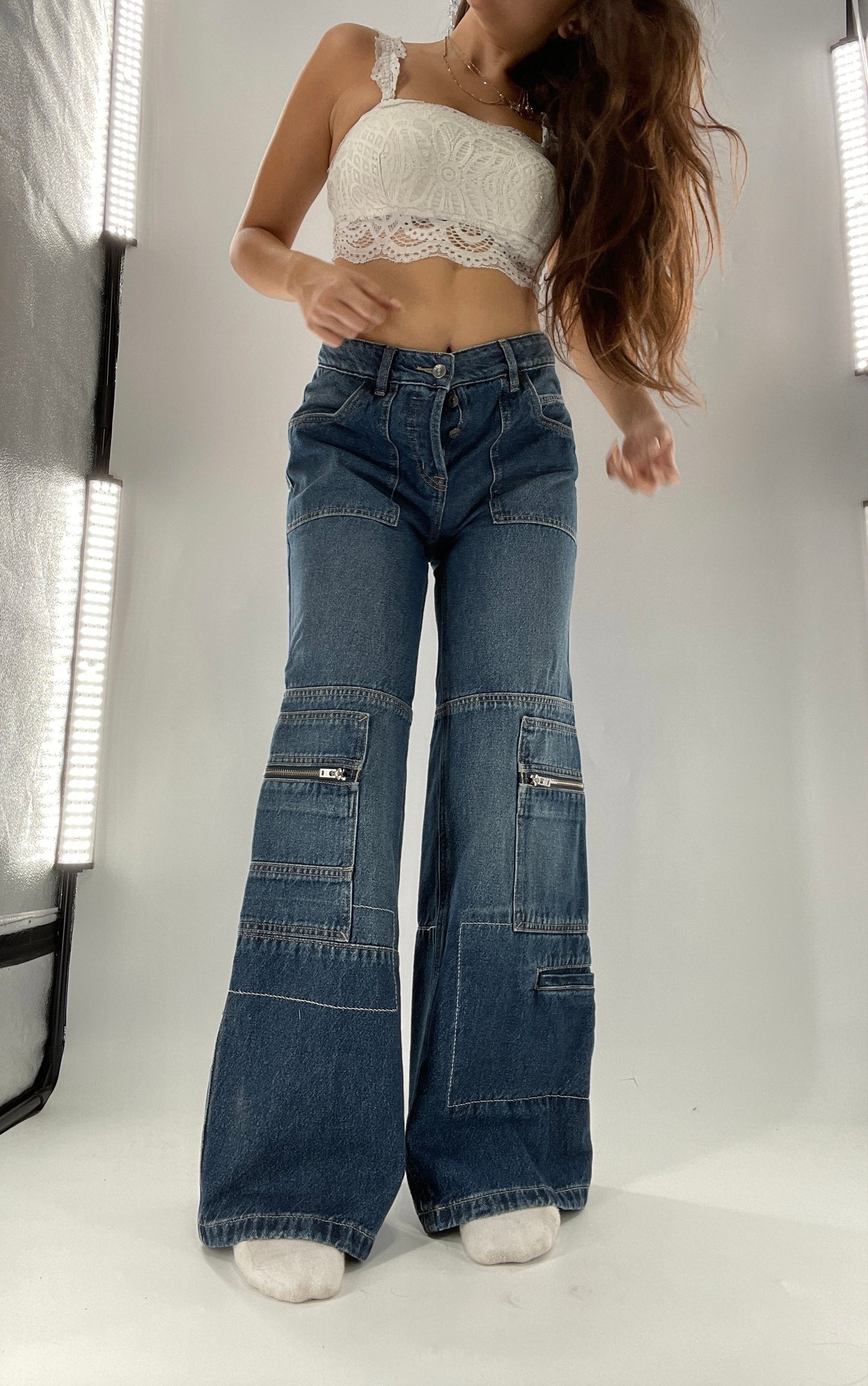 Free People Medium Wash Baggy Straight Legs Jeans Covered in Zippers, Pockets, Stitching (28)