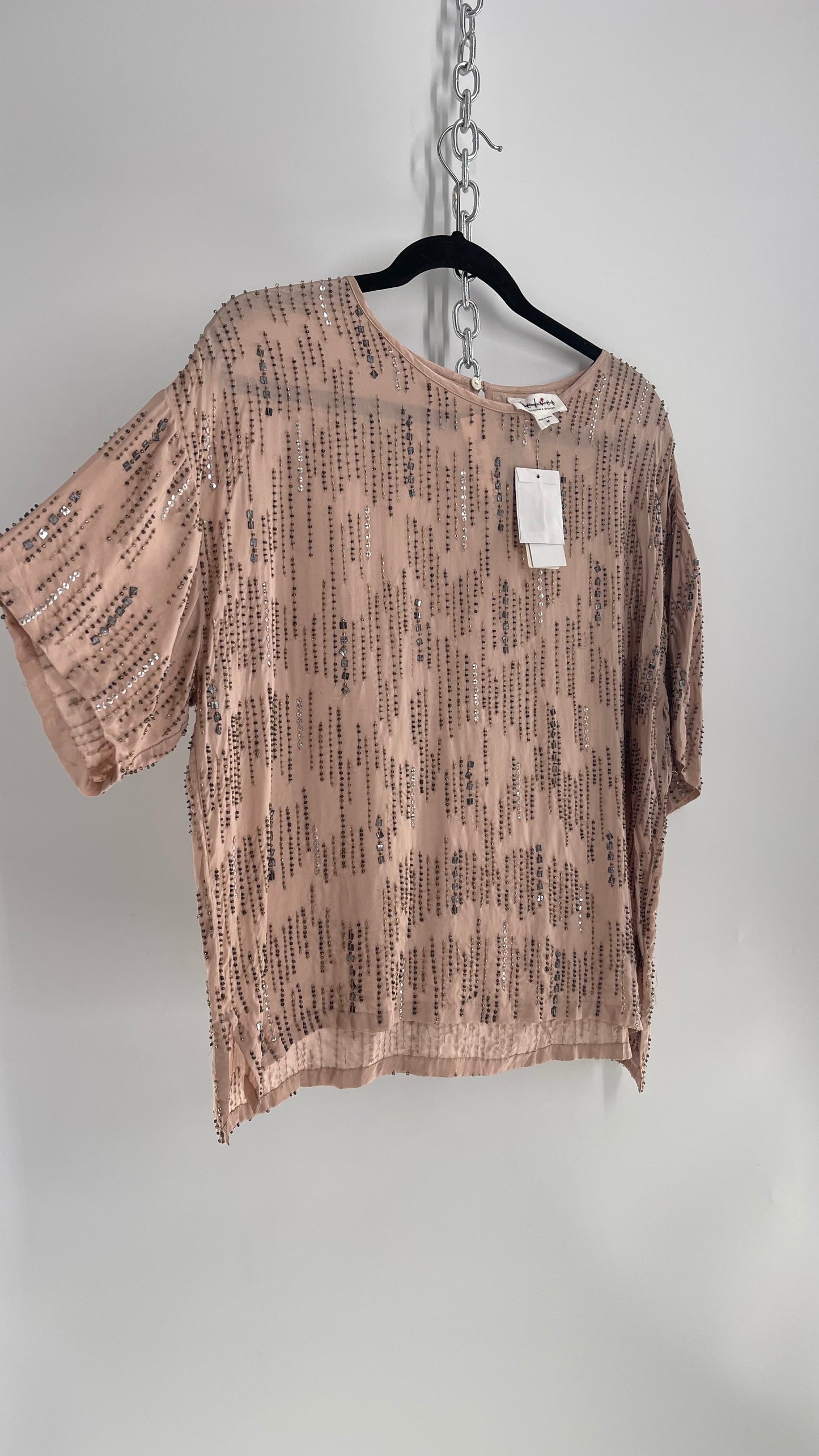Velvet Anthropologie Dusty Rose Silky Top Covered in Beading and Tags Attached (Medium)