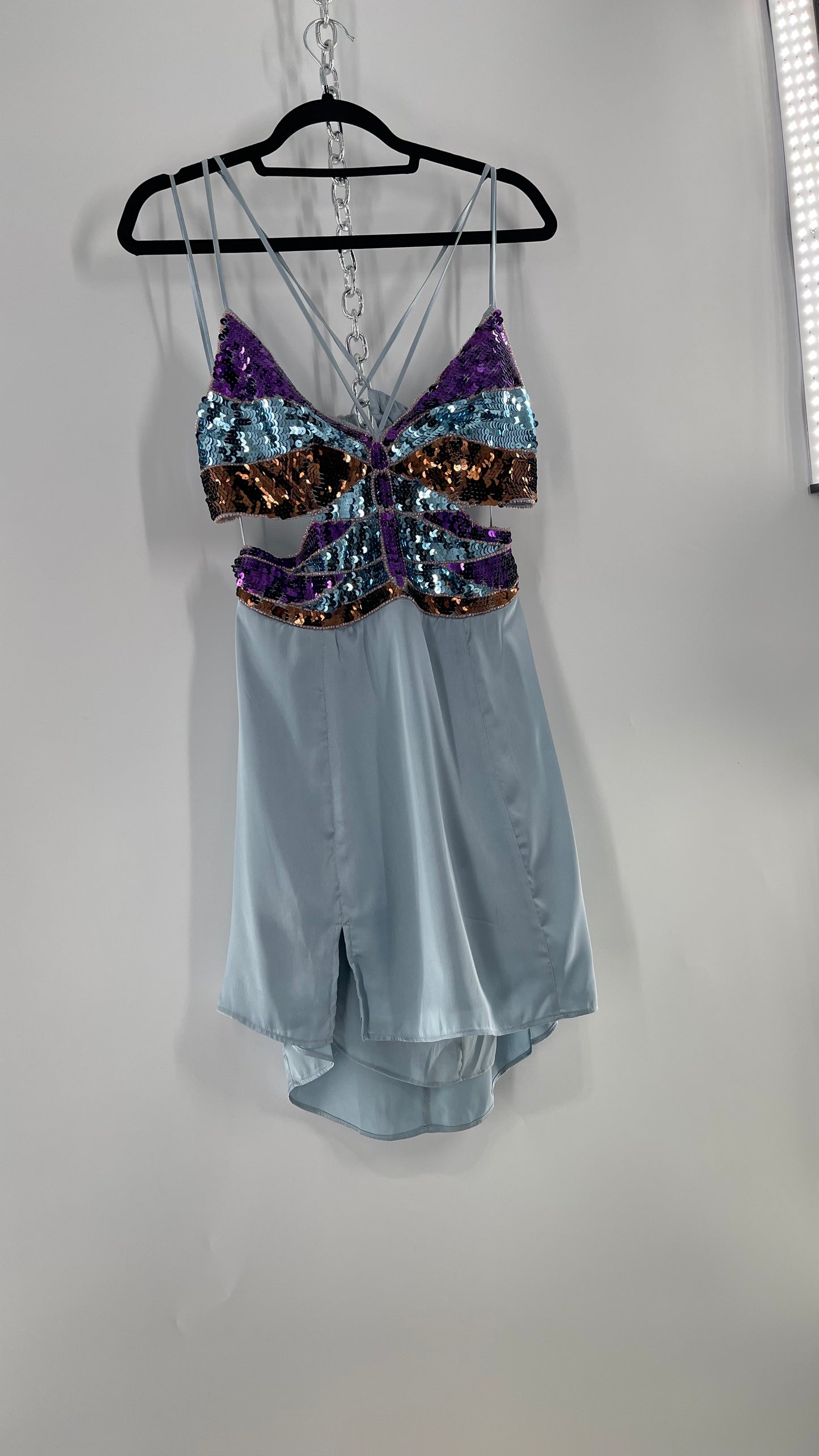 Urban Outfitters Light Blue Satin Butterfly Sequin Size L