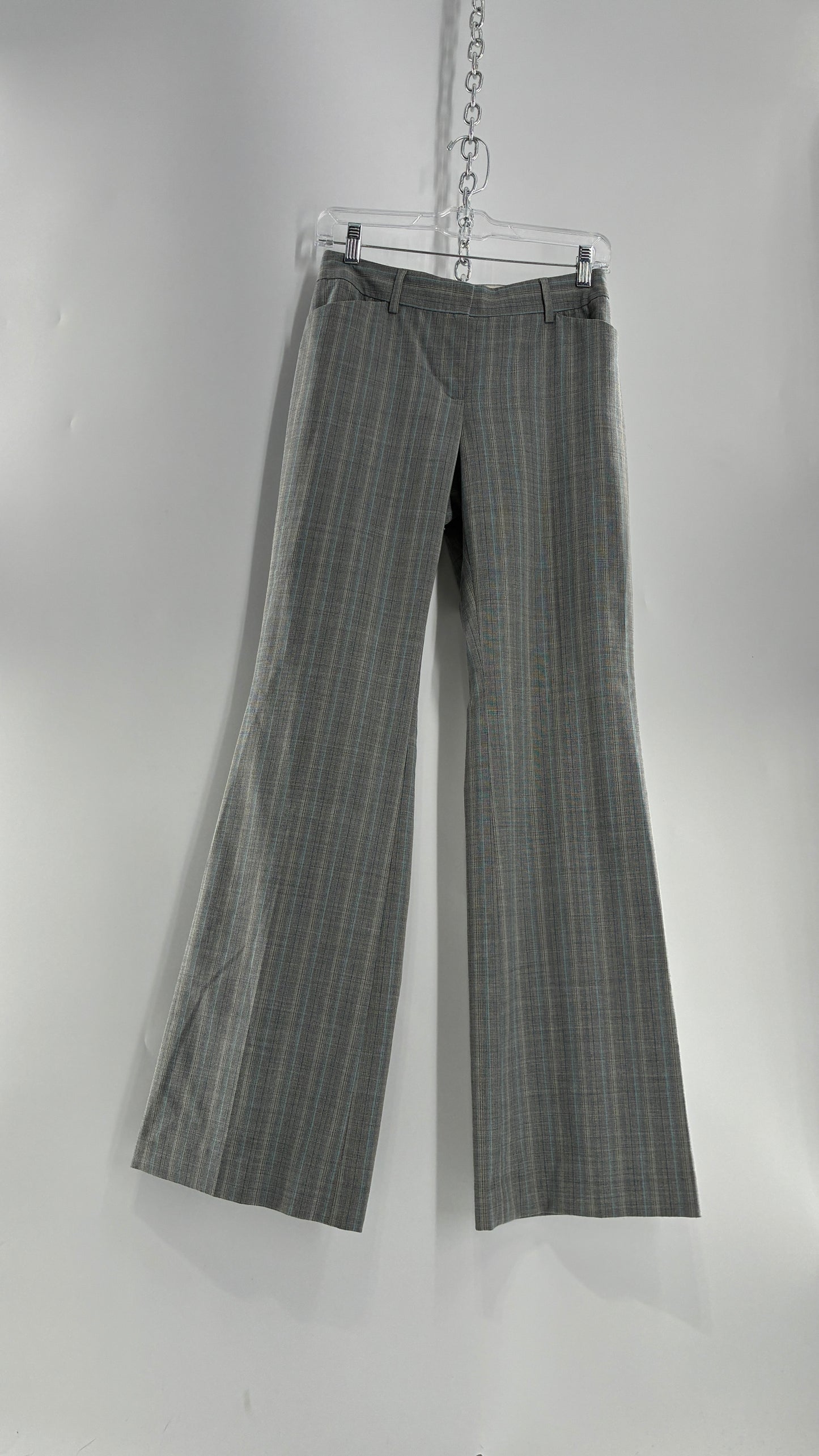Vintage 1990s EXPRESS Editor Iconic Grey and Blue Low Rise Kickflare Pants (1)