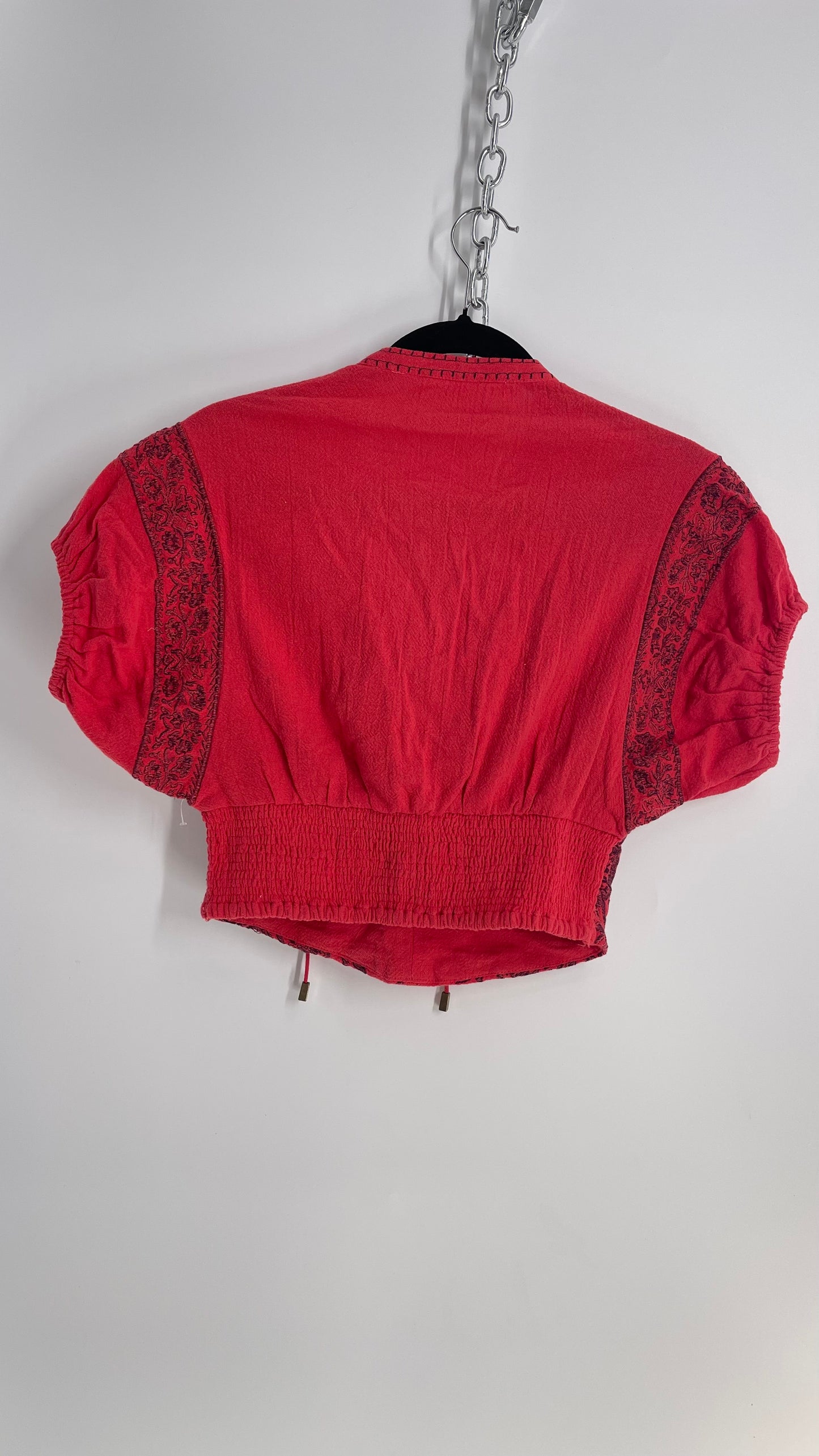 Free People Coral Red Puff Sleeve Top with Heavy Embroidery (XS)