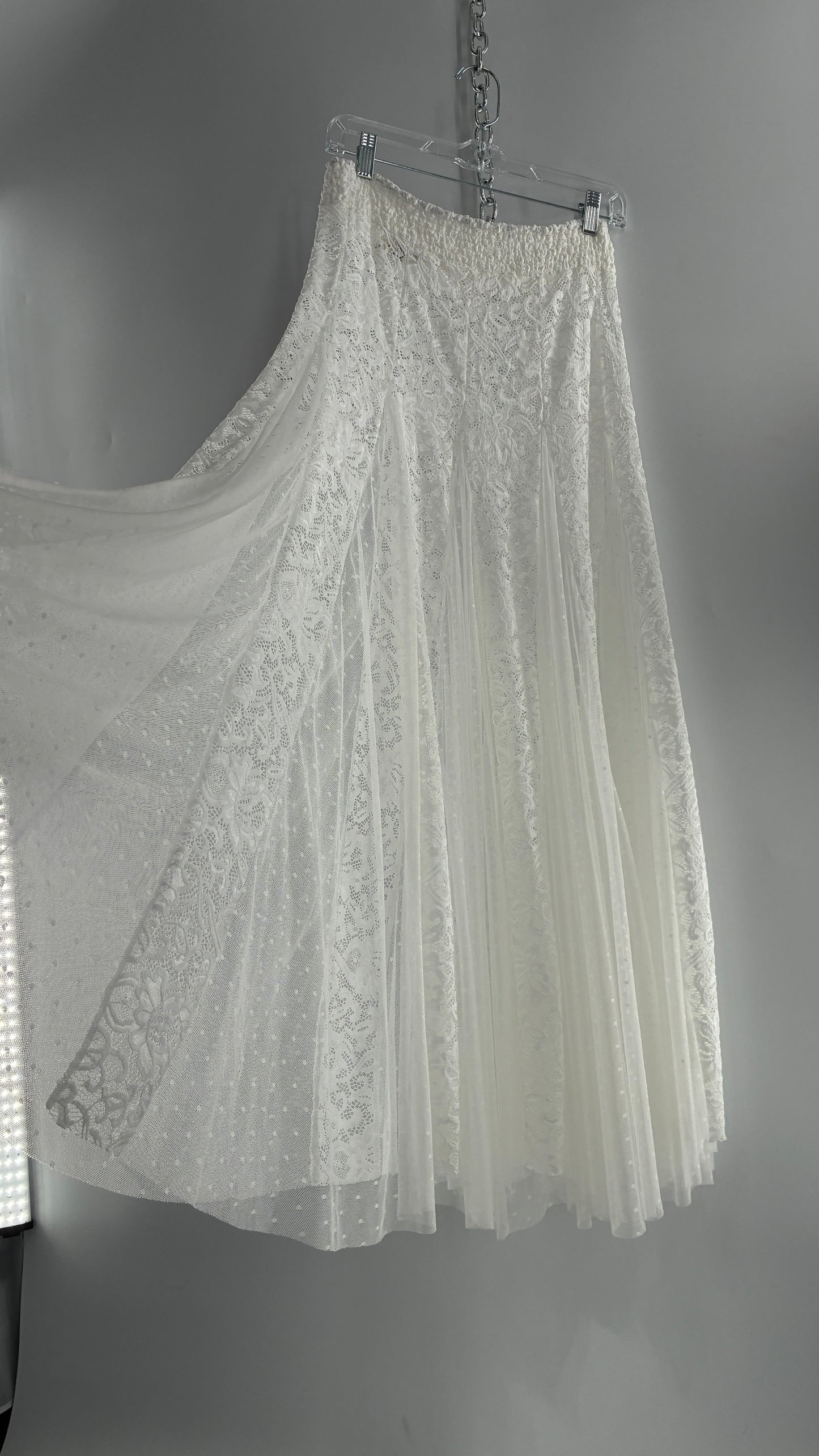 Intimately Free People White Lace and Polka Dot Mesh Voluminous Full Length Skirt (Medium)