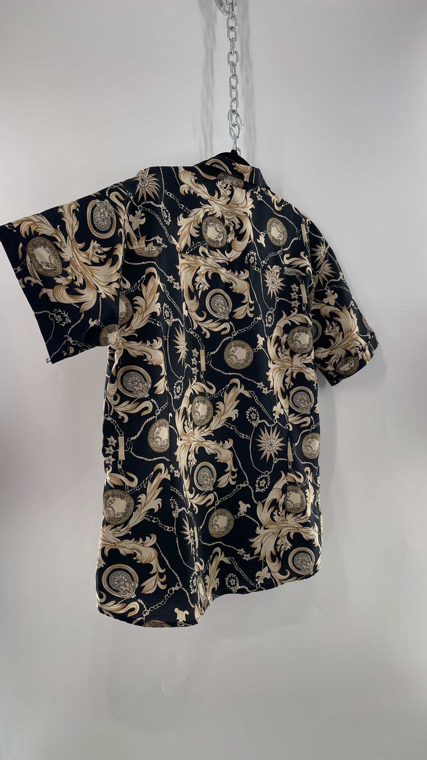 APTRO Black and Gold Brocade Short Sleeve Button Up with Tags (XXXL)