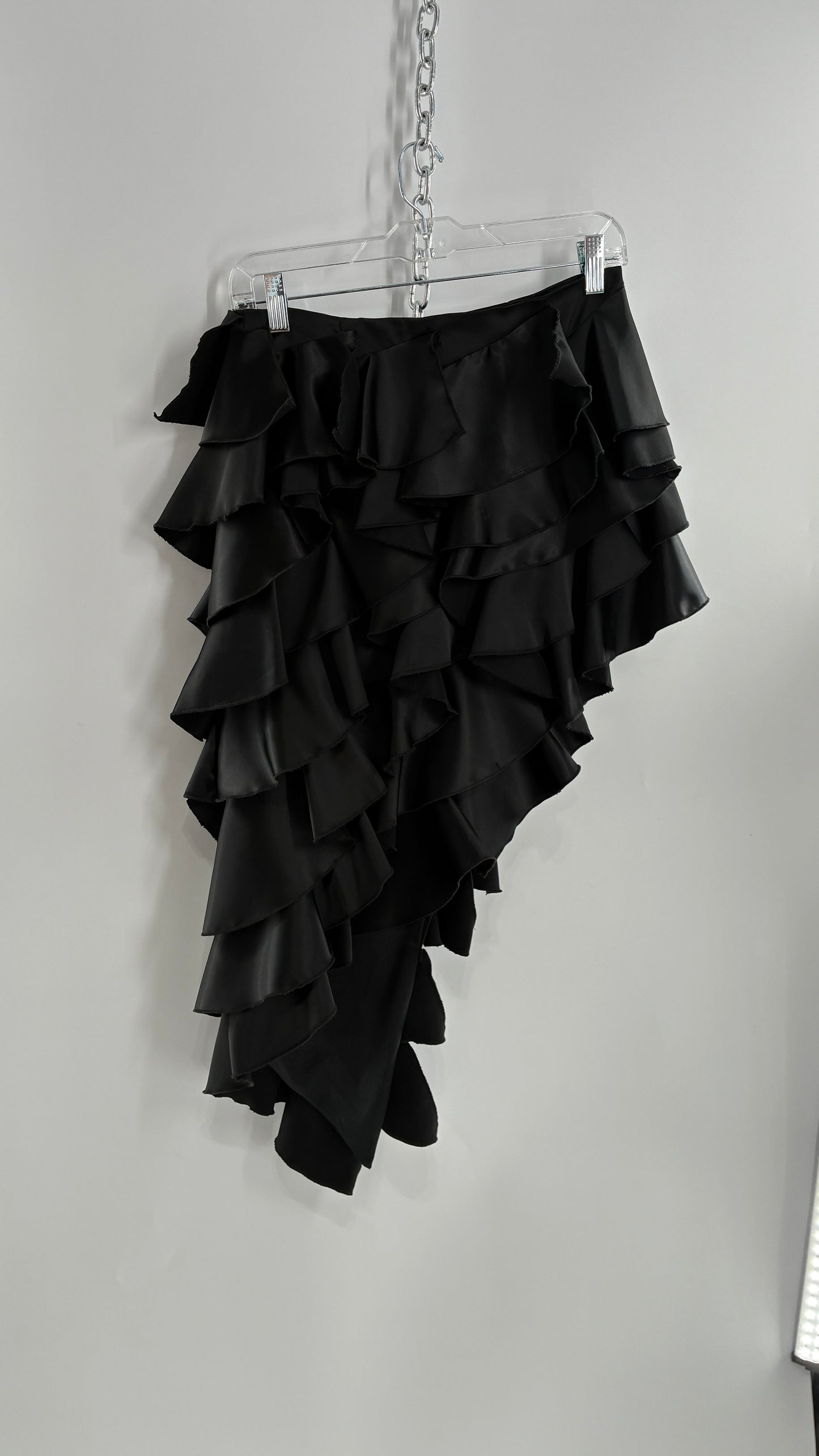 Deadstock Rare 1990s Vintage FRILLY LILLY Black Ruffled Asymmetric Skirt (8)