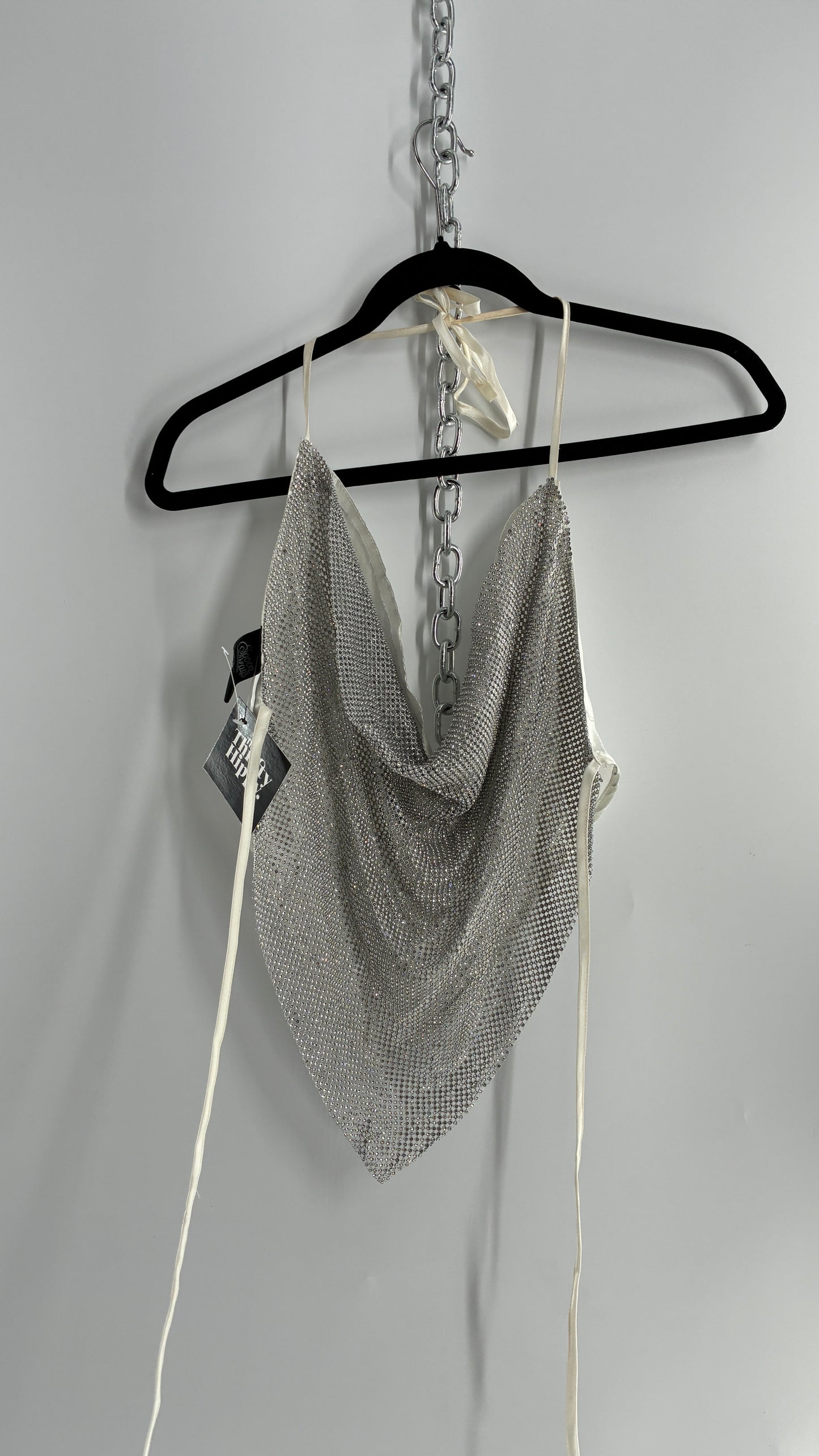 Vintage SPOON Jeans Crystal Mesh Satin Lined Backless Halter (Large)