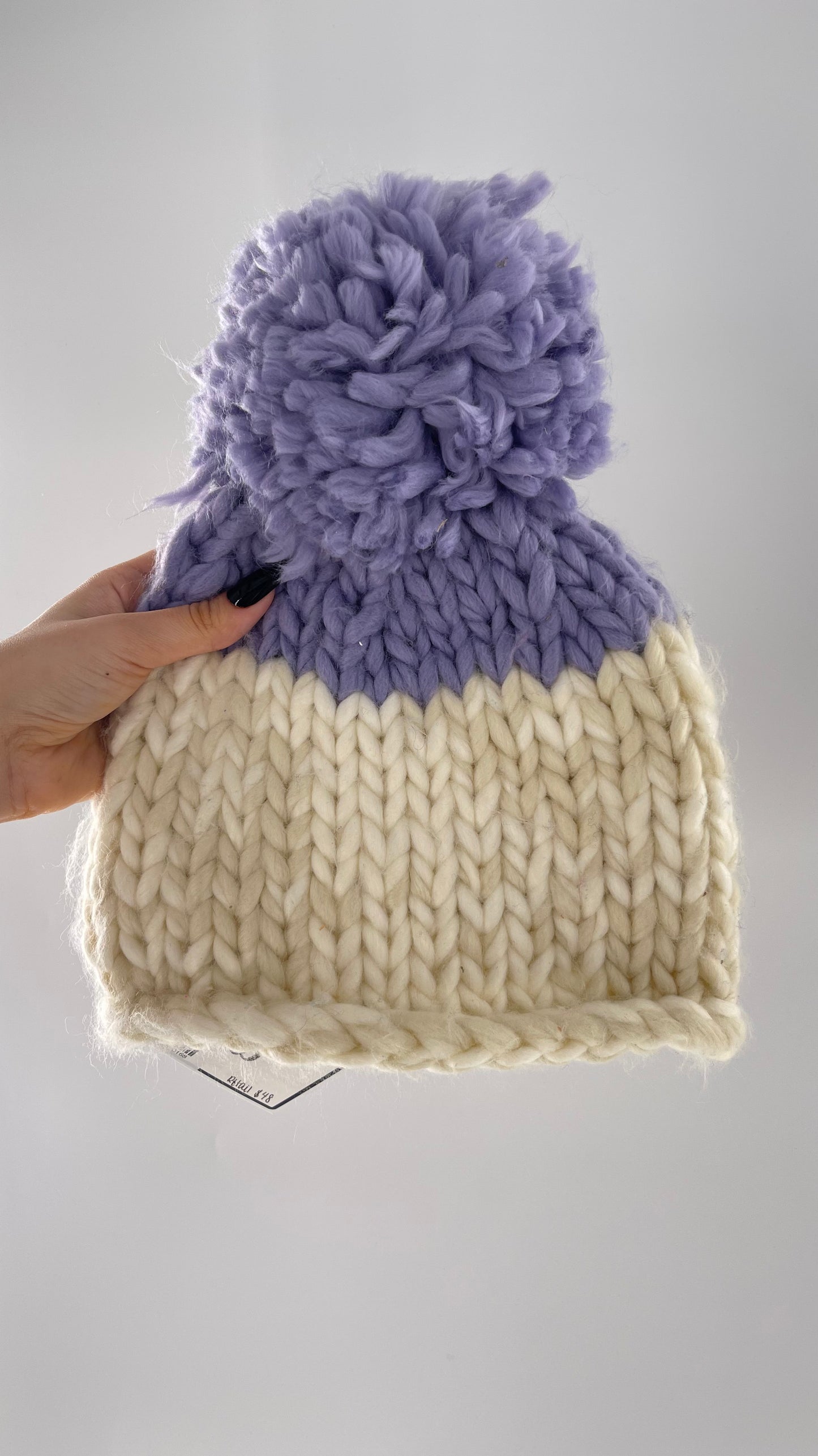 Free People White Knit Beanie with Lilac/Lavender Pom