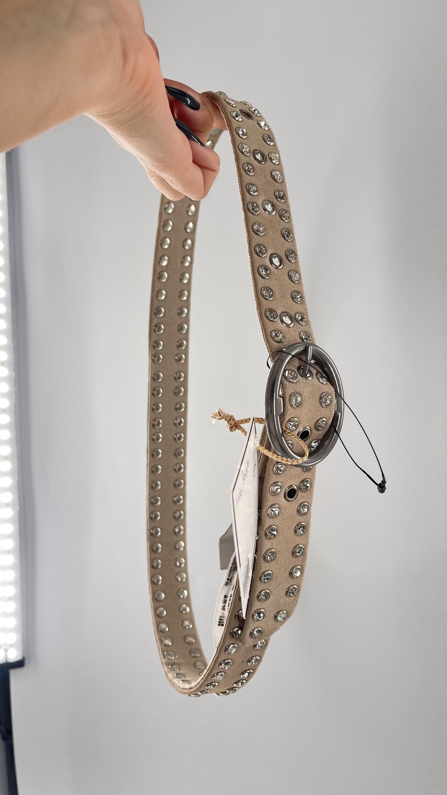 Free People Beige Leather Canvas Studded Rhinestone Crystal Studded Belt with Heavy Metal Buckle (S/M)
