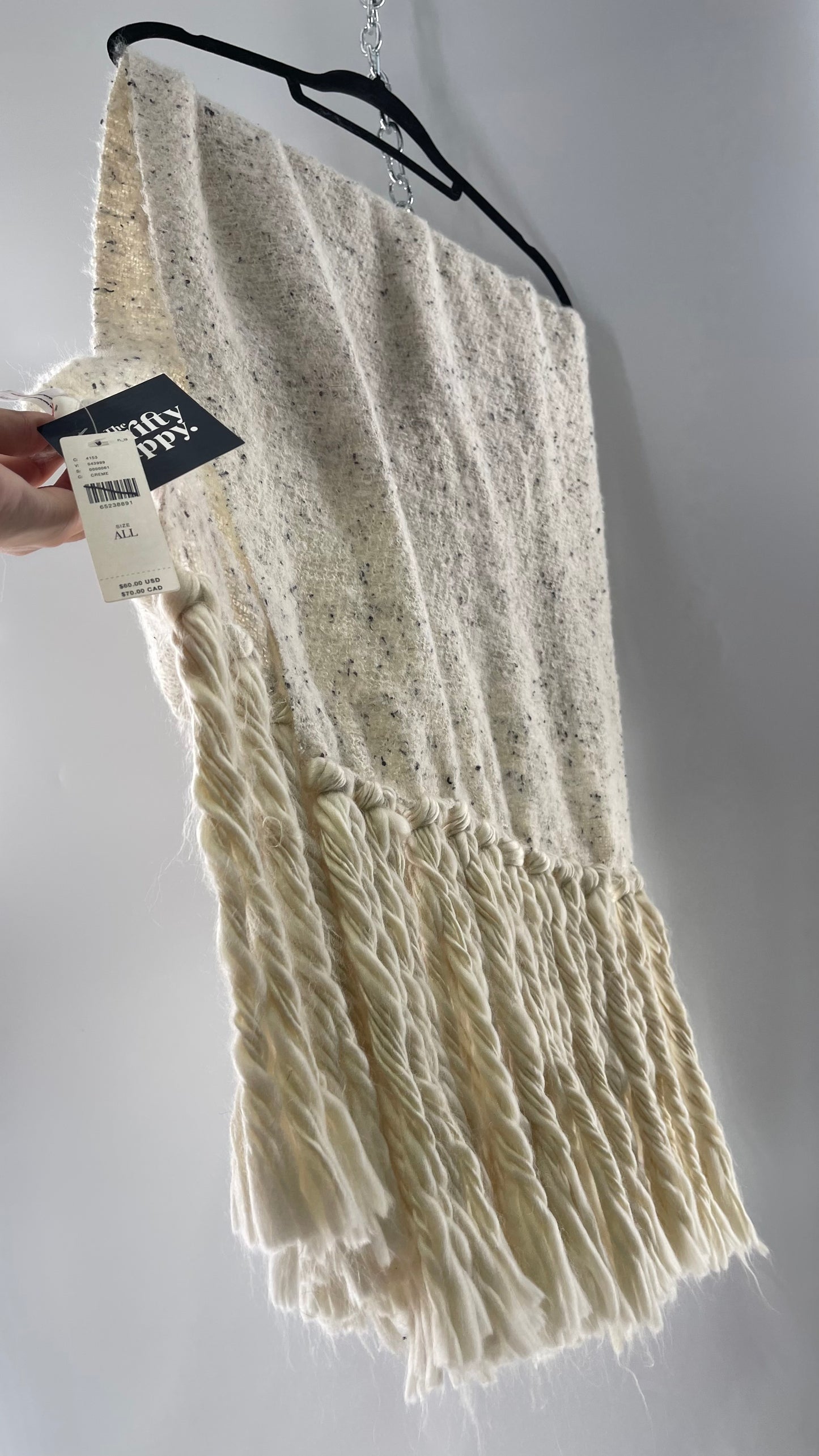 Anthropologie White/Off White Heavy Knit Cold Weather Scarf with Braided Fringe with Tags Attached (One Size)