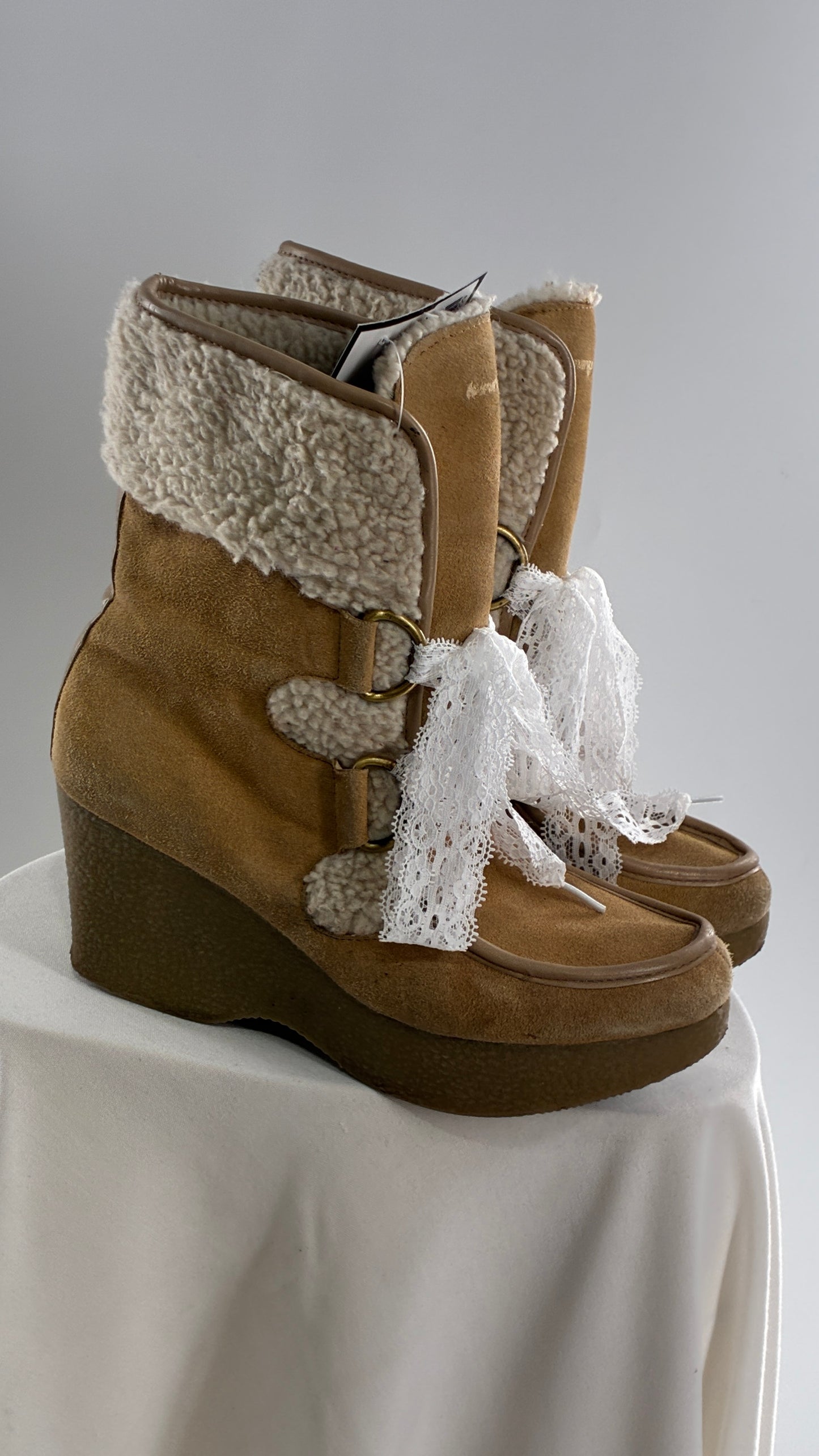 Vintage TOMMY GIRL Suede Leather Wedge Heels with Sherpa Details and Lace Trim Laces (8)