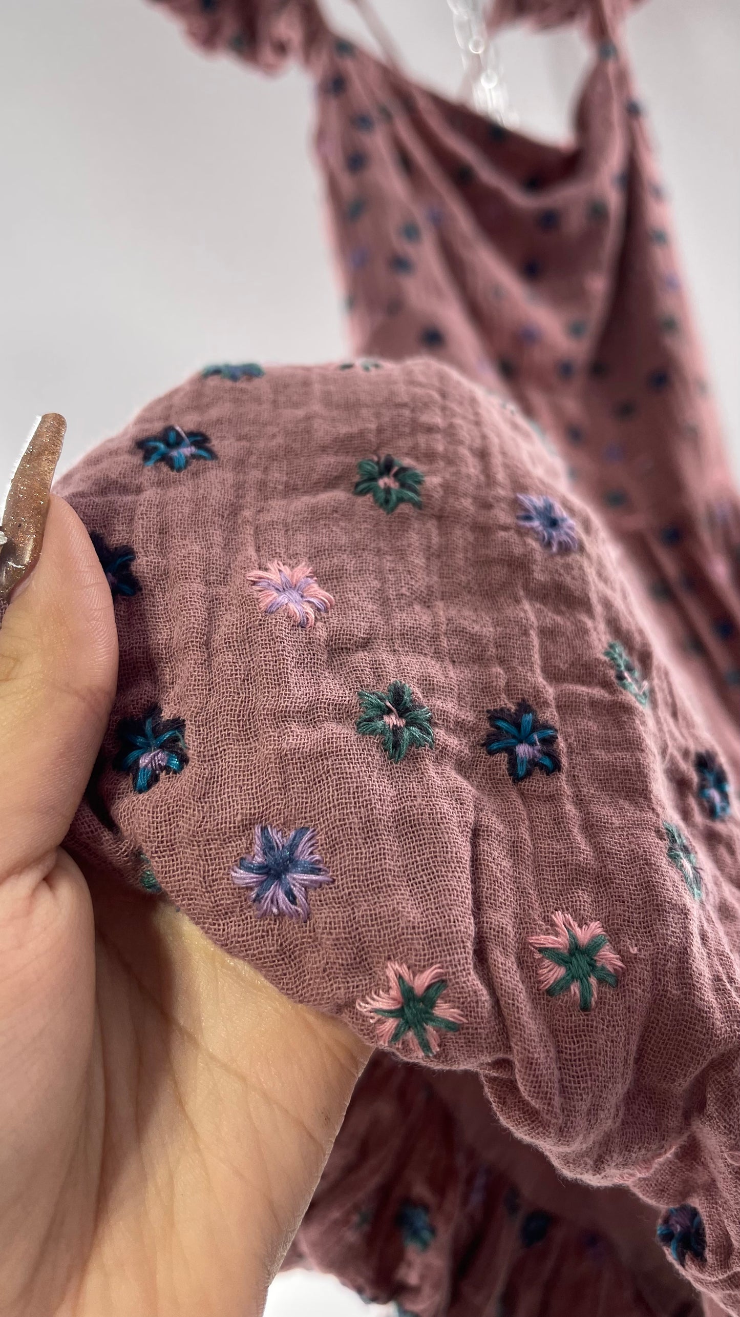 Free People Dusty Pink Embroidered Flowers Backless Mini Dress (Small)