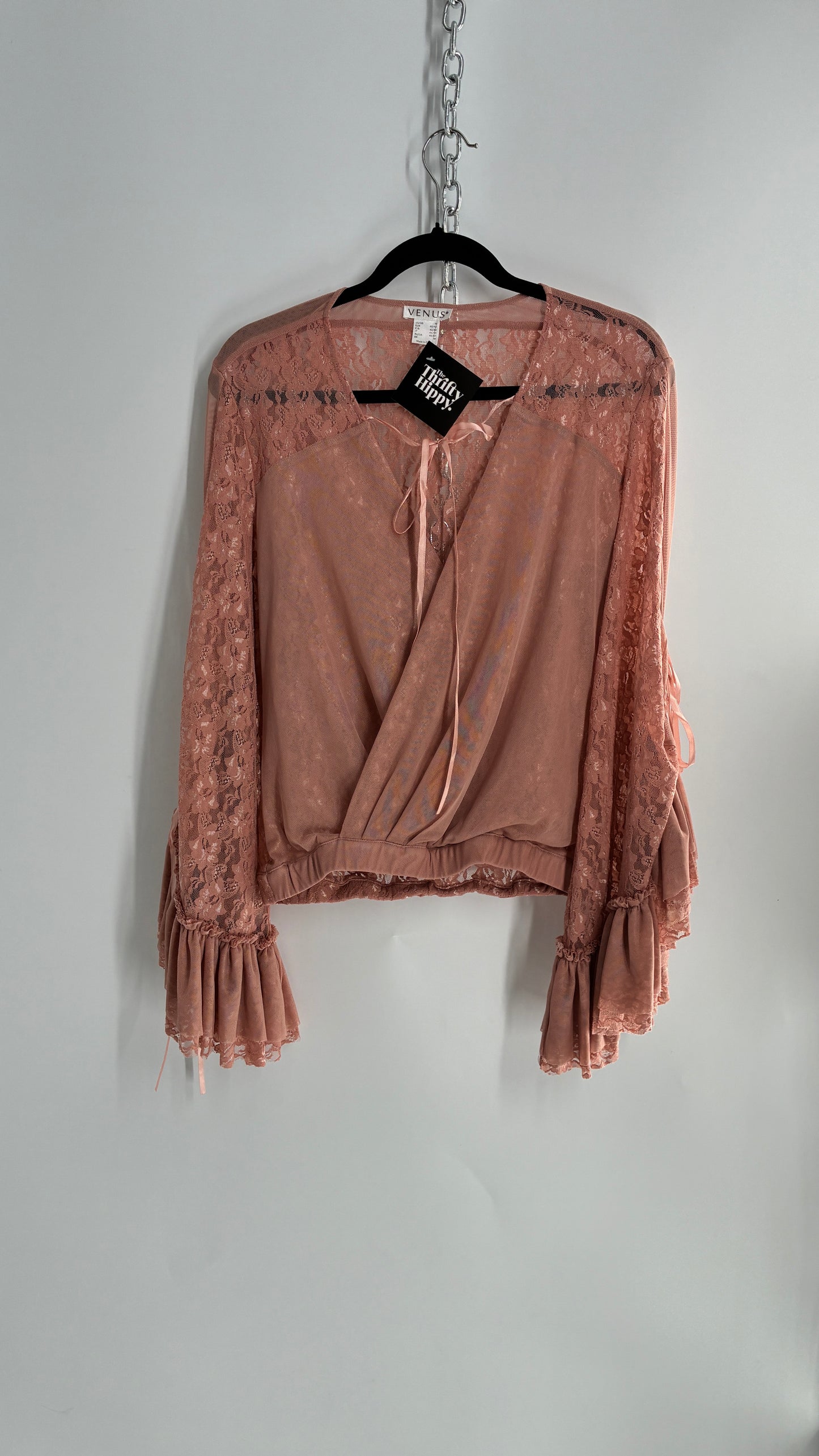 Vintage VENUS Blush Pink Lace Blouse with Voluminous Multi-Layer Bell Sleeves (Medium)