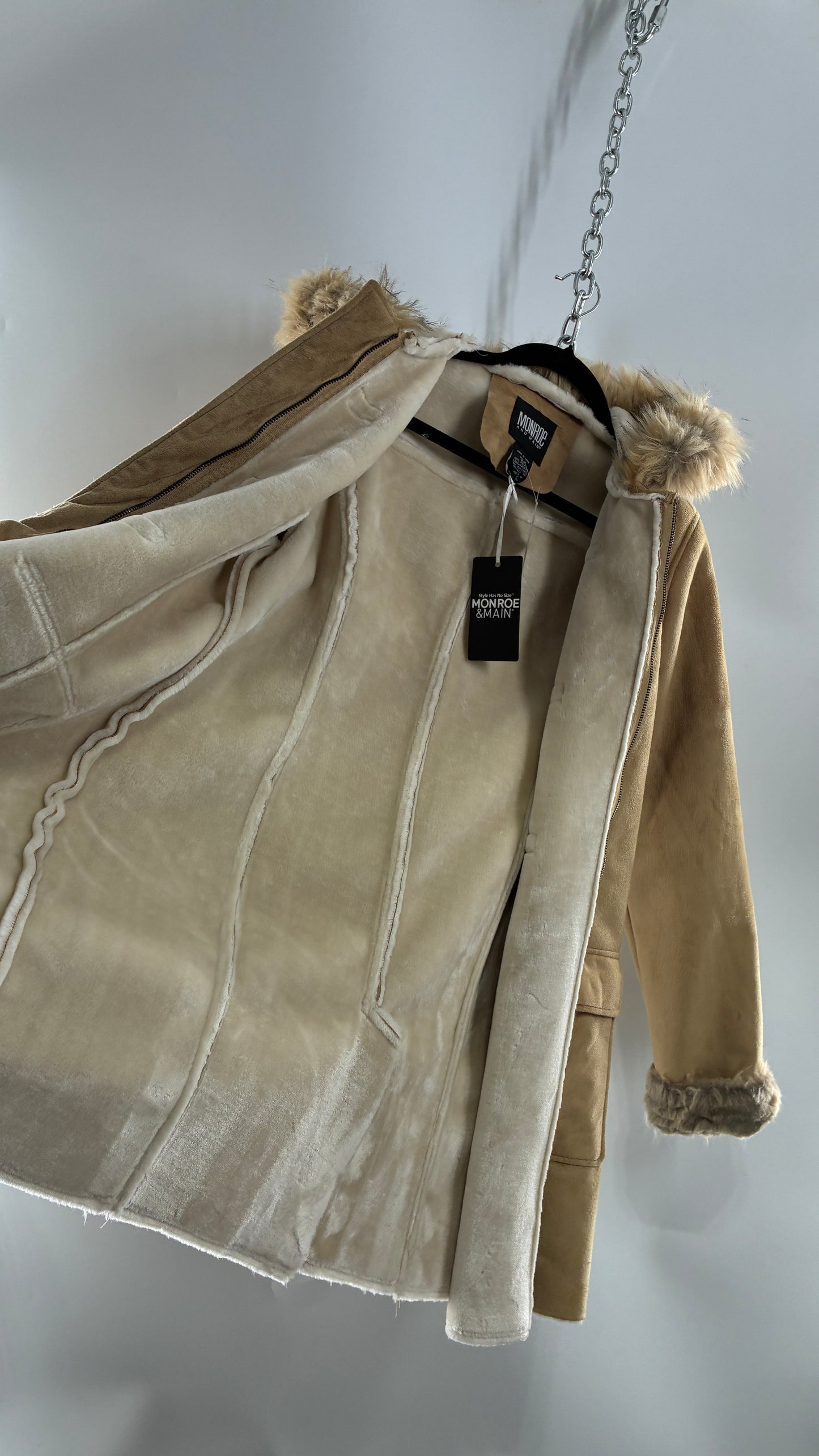 Deadstock Vintage MONROE AND MAIN Vegan Suede Coat with Fur Cuffs and Hood, Tags Attached (Medium)