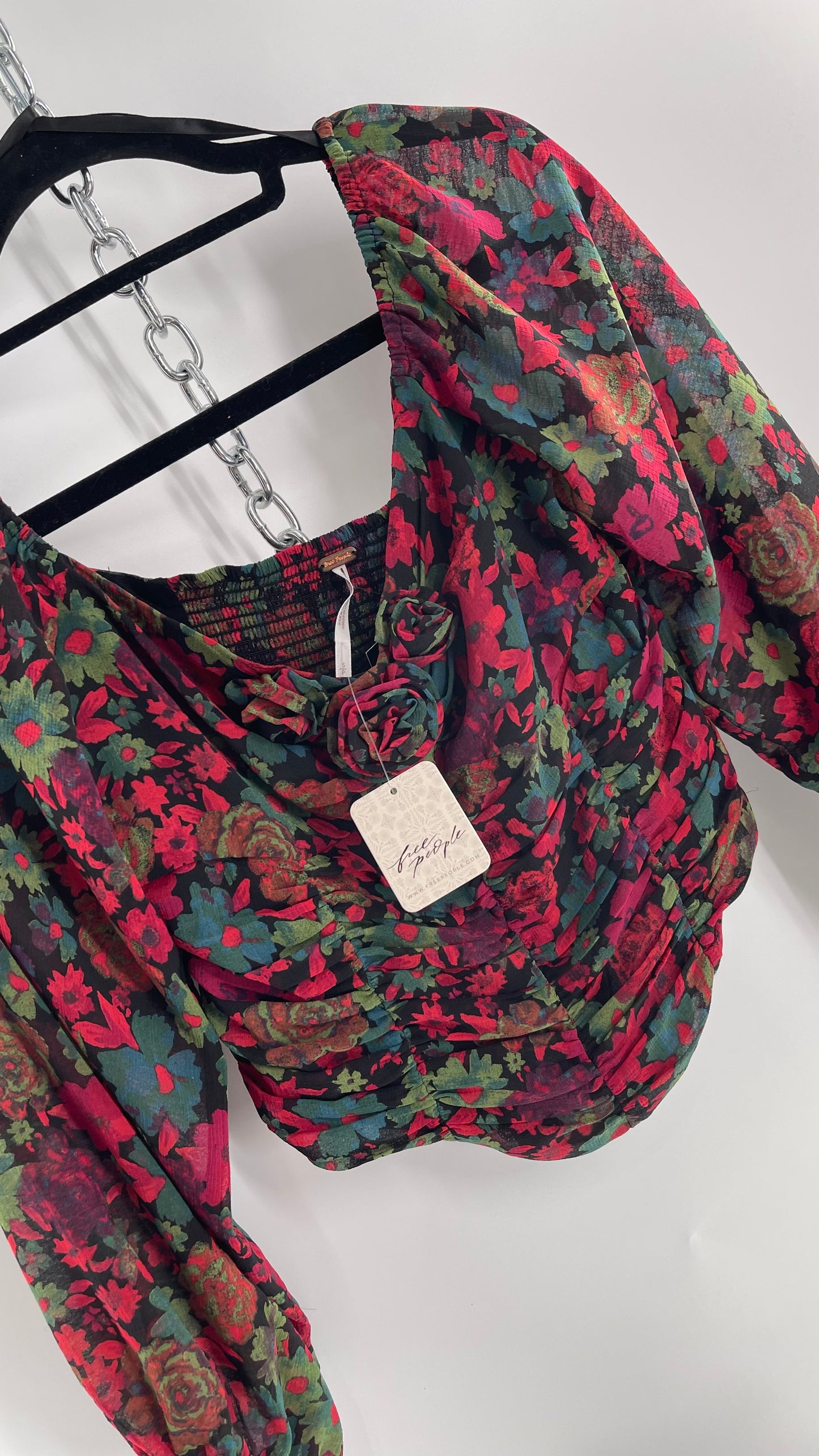 Free People Cropped Floral Blouse with Ruched Body, Balloon Sleeves and Appliqué Rosette Bustline with Tags Attached (Small)