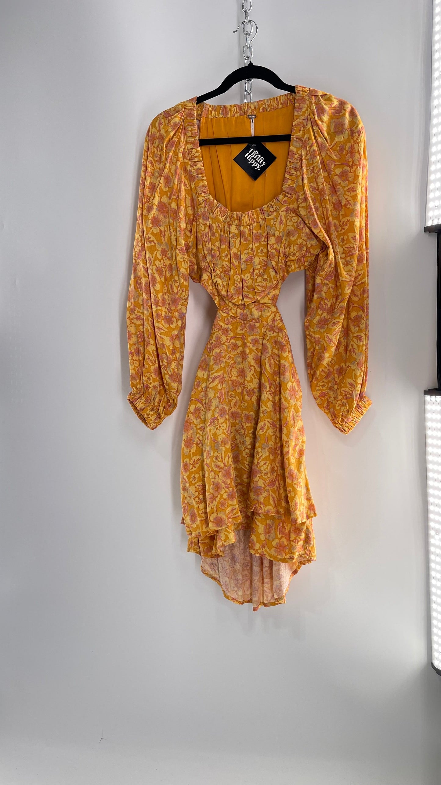 Free People Yellow Cut Out Golden Florals Dress with Ruched Bust and Balloon Sleeves (Small)