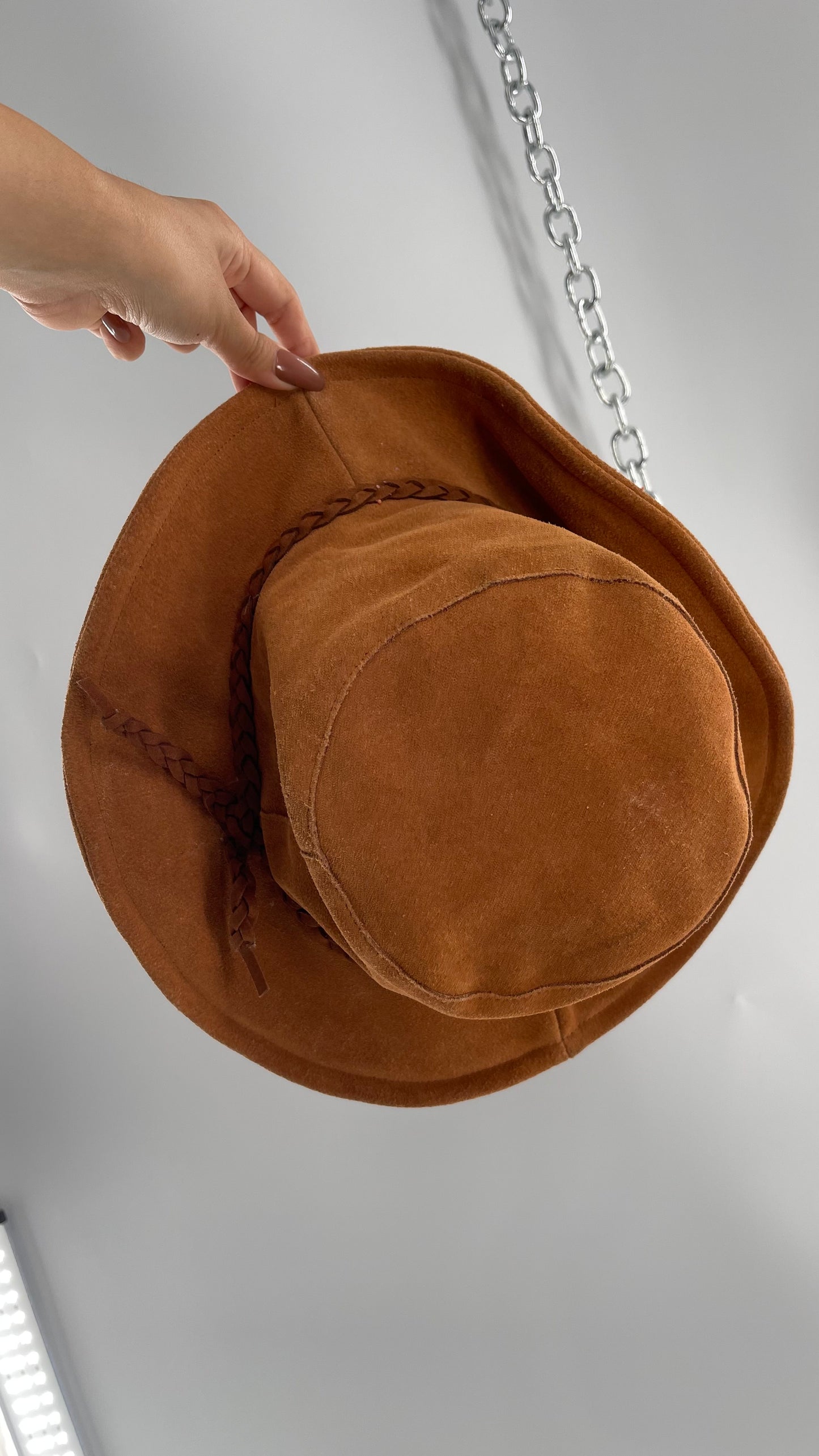 Free People Burnt Orange Suede Genuine Leather Sun Hat with Braided Belt
