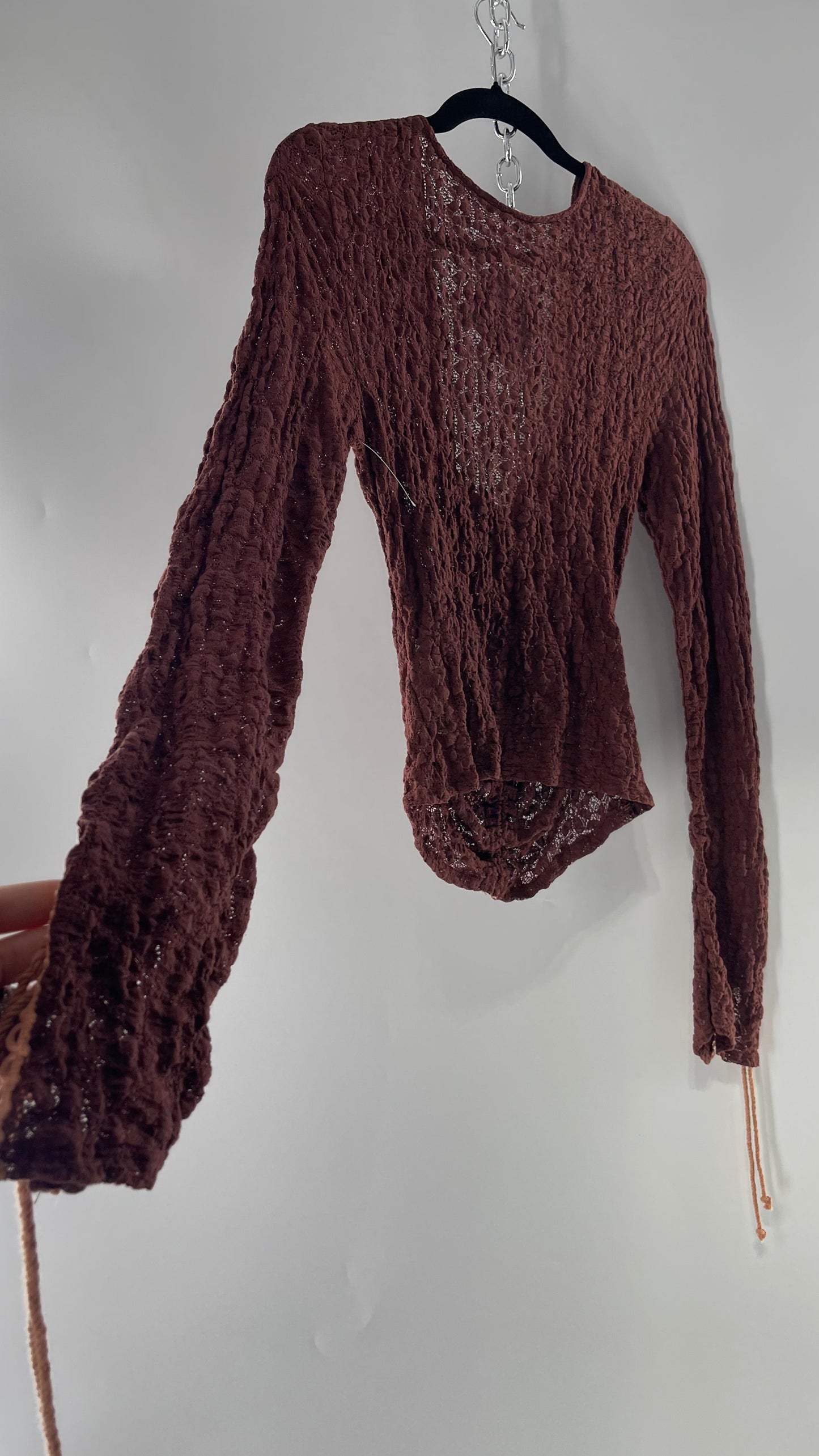 Free People Burgundy Lace Long Sleeve with Pink Lace Up Sleeve Detail (Medium)