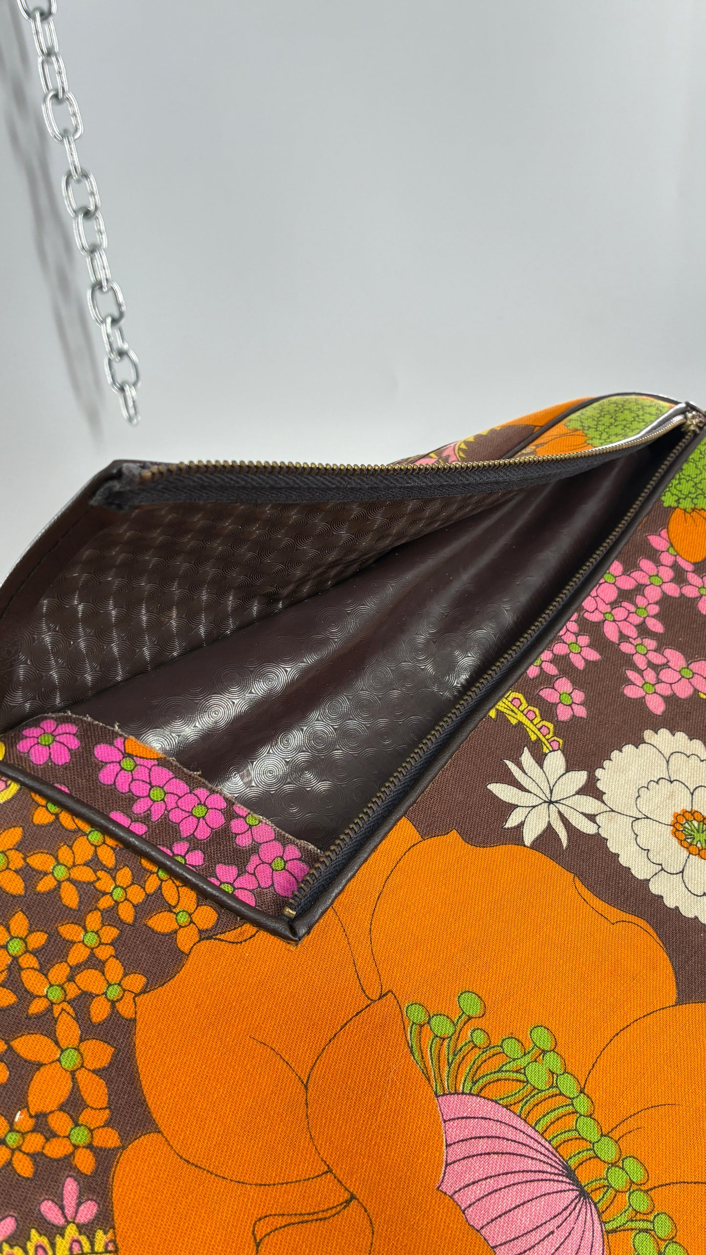 Vintage 1970s Brown Briefcase with Warm Tone Flowers