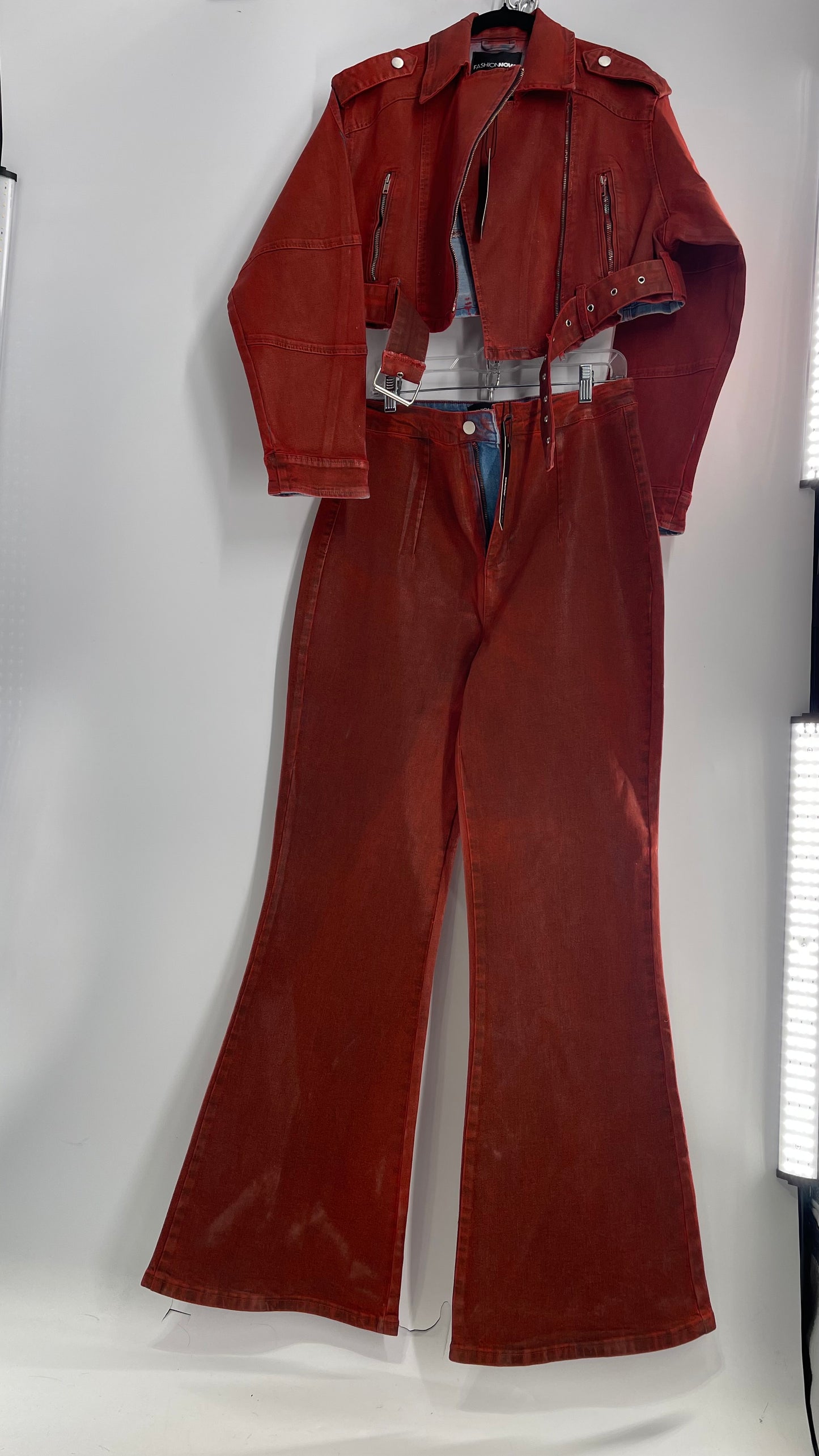Fashion Nova Red Waxed Denim Cropped Motorcycle Jacket with Flared Jean Set and Tags Attached (XL/15)