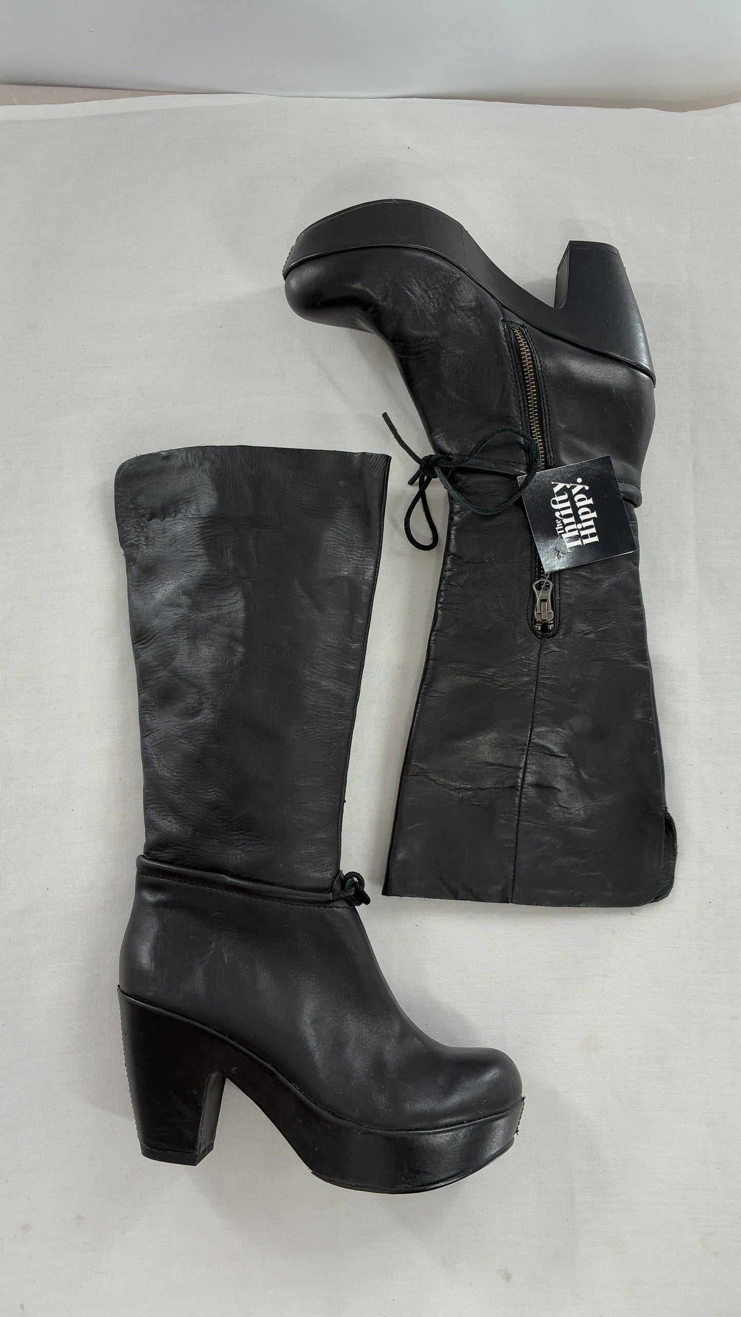 Vintage KORK EASE Black Genuine Leather Platform Clog, Knee High Boots (8/39)