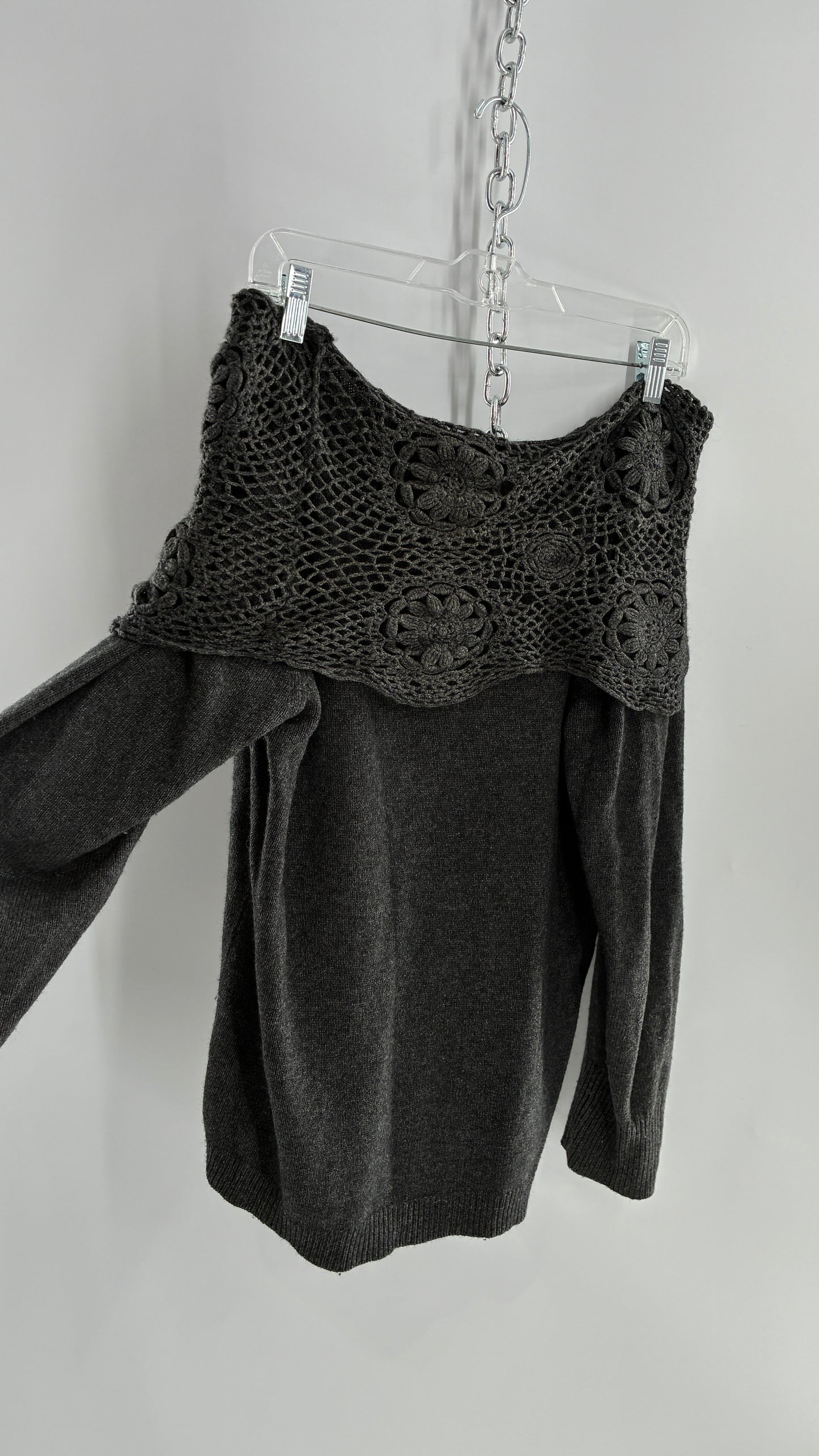 Vintage ELENA MIRO 29% Virgin Wool 8% Angora Wool 8% Cashmere Grey Off the Shoulder Crochet Band Sweater (Medium)