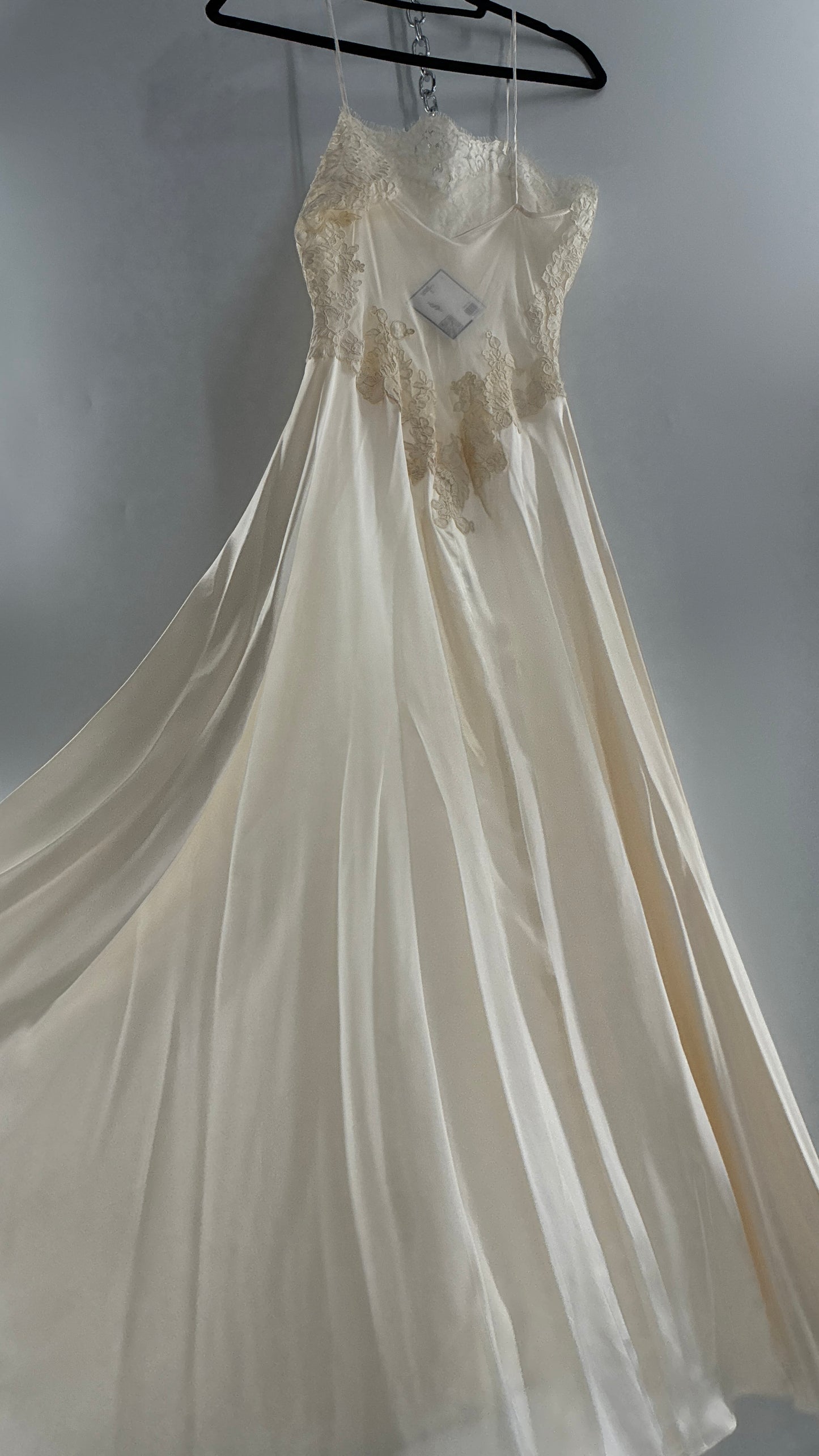 Vintage JONQUIL 100% Silk Gown with Heavy Lace Appliqués and Low Cut Sheer Back (Medium)